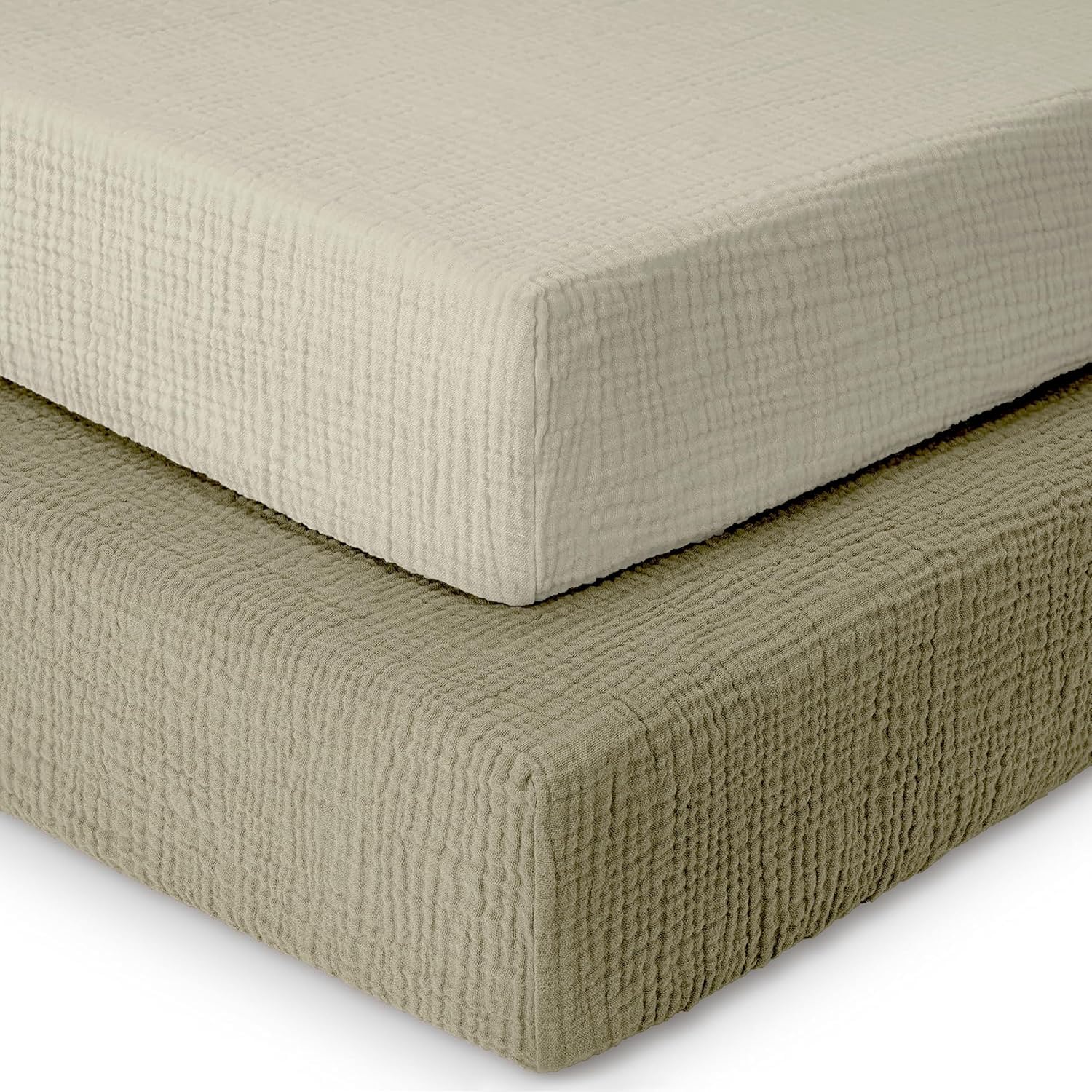 MHG Living Cot Bed Sheets, 100% Cotton Muslin, Soft & Breathable, 2 Pack,Fitted Cot Bed Sheet,Girls,Boys,Crib sheet & cot bed fitted sheets 140x70cm, Muslin Cot Bed Sheets,Mattress Sheet | Olive,Ecru