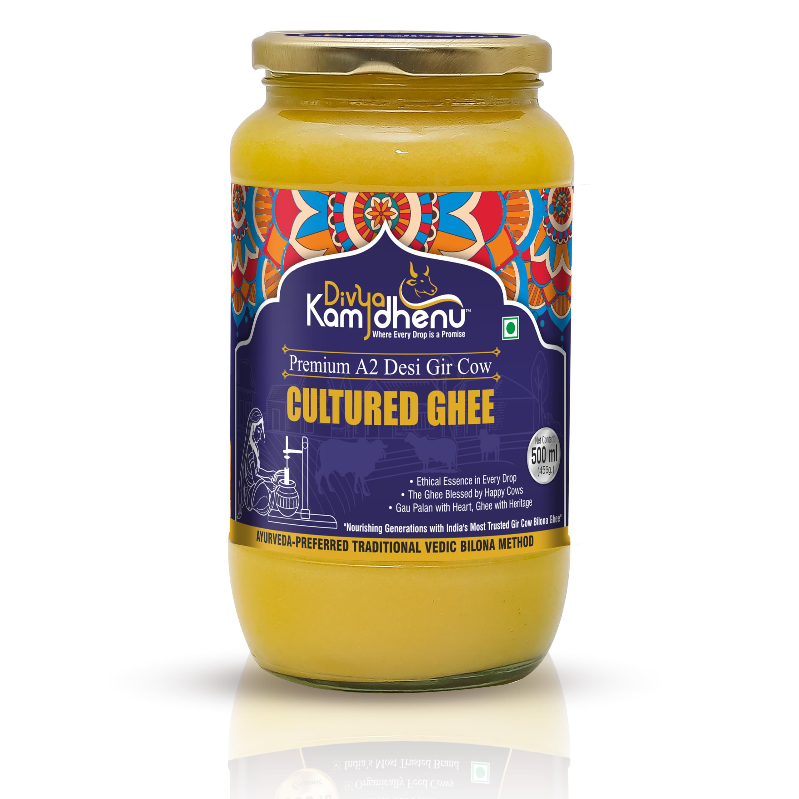 Bilona Cow Ghee | Gir Cow Ghee - Vedic Bilona Churned | A2 Ghee | 100% Grassfed & Cultured | Organic, Pure Desi Ghee for Immunity & Digestive Health | Divya Kamdhenu | Cultured Curd Ghee | 500ml, Glass Jar