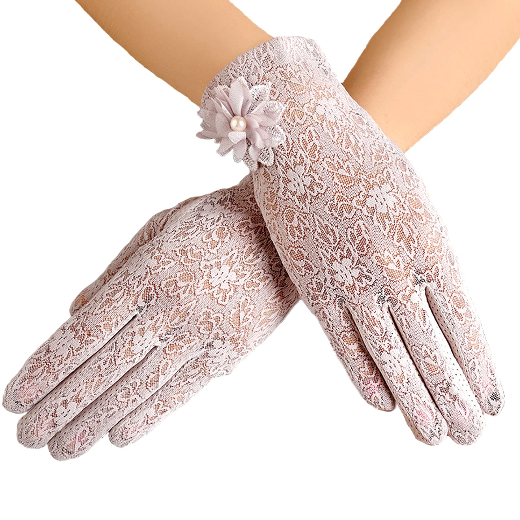 URSFUR Women Summer Lace Gloves Wedding Outdoor Sun UV Protection Gloves with Small Flower Purple