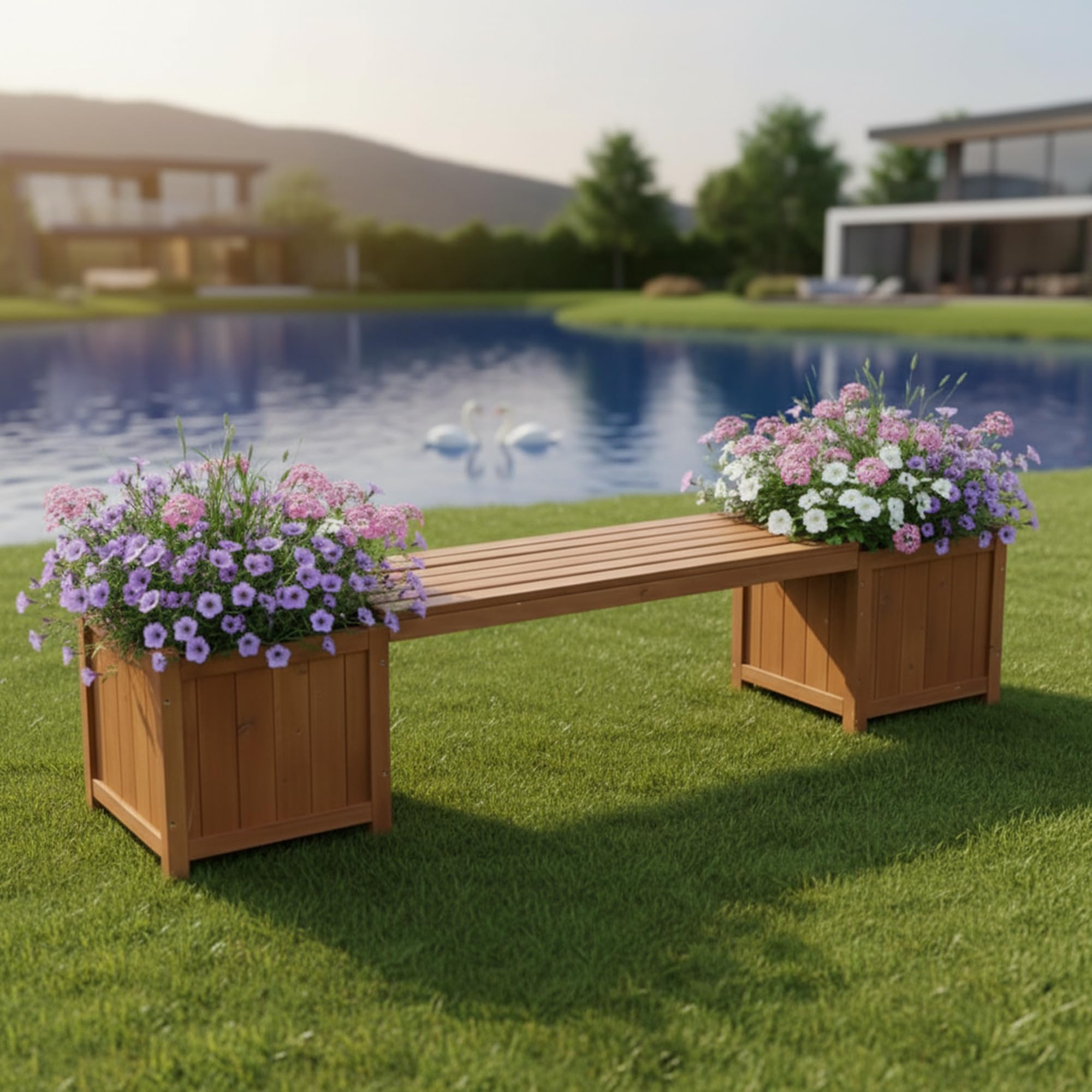 Mucola Gartenbank mit Pflanzkasten 2-Sitzer 180x40x40 cm Holz imprägniert | Sitzbank mit 2 integrierten Blumenkästen, Terrasse, Balkon, Outdoor, warme Maserung, schnelle Montage ohne Spezialwerkzeug