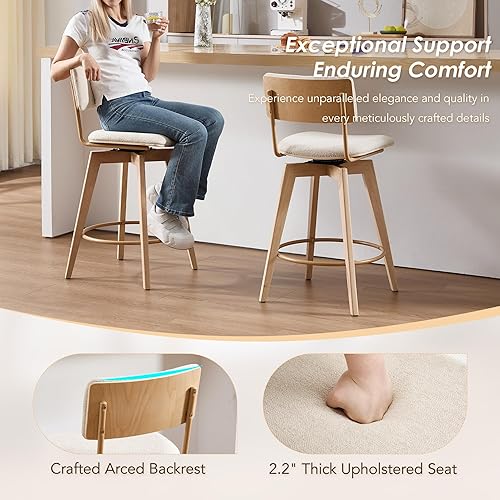 Miniatura 3 de ONEVOG Juego de 2 taburetes de bar giratorios de madera de 26 pulgadas de altura de mostrador, modernas sillas altas tapizadas para isla de cocina