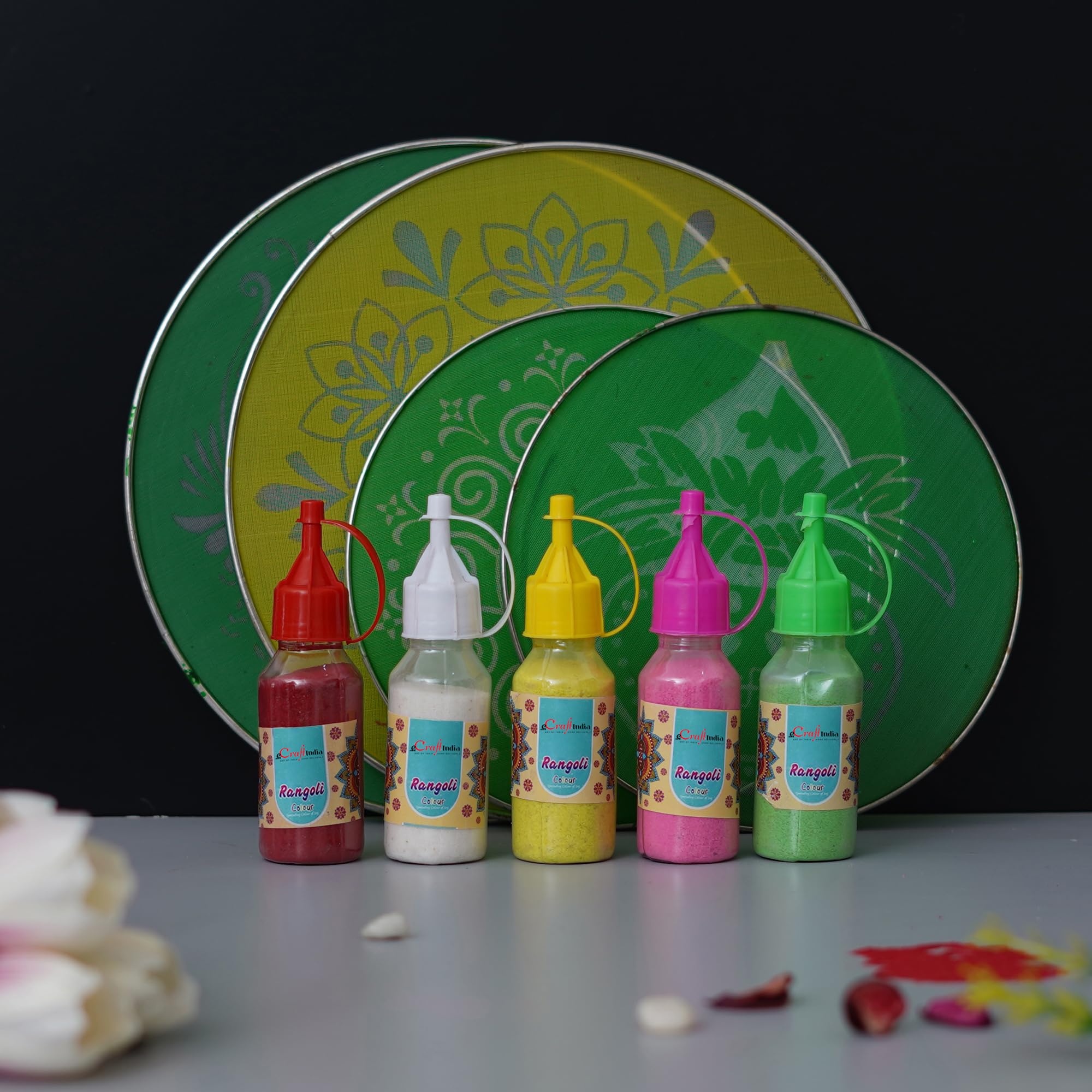 eCraftIndia Set of 4 Designer Diwali Rangoli Stencils Set - Stencils For Rangoli Design- 2 Big Size, 2 Small Size Stencils | 5 Rangoli Colours Bottles - Red, White, Yellow, Pink, Green Rangoli Bottles (B0CHFTDJDF) Amazon Price History, Amazon Price Tracker