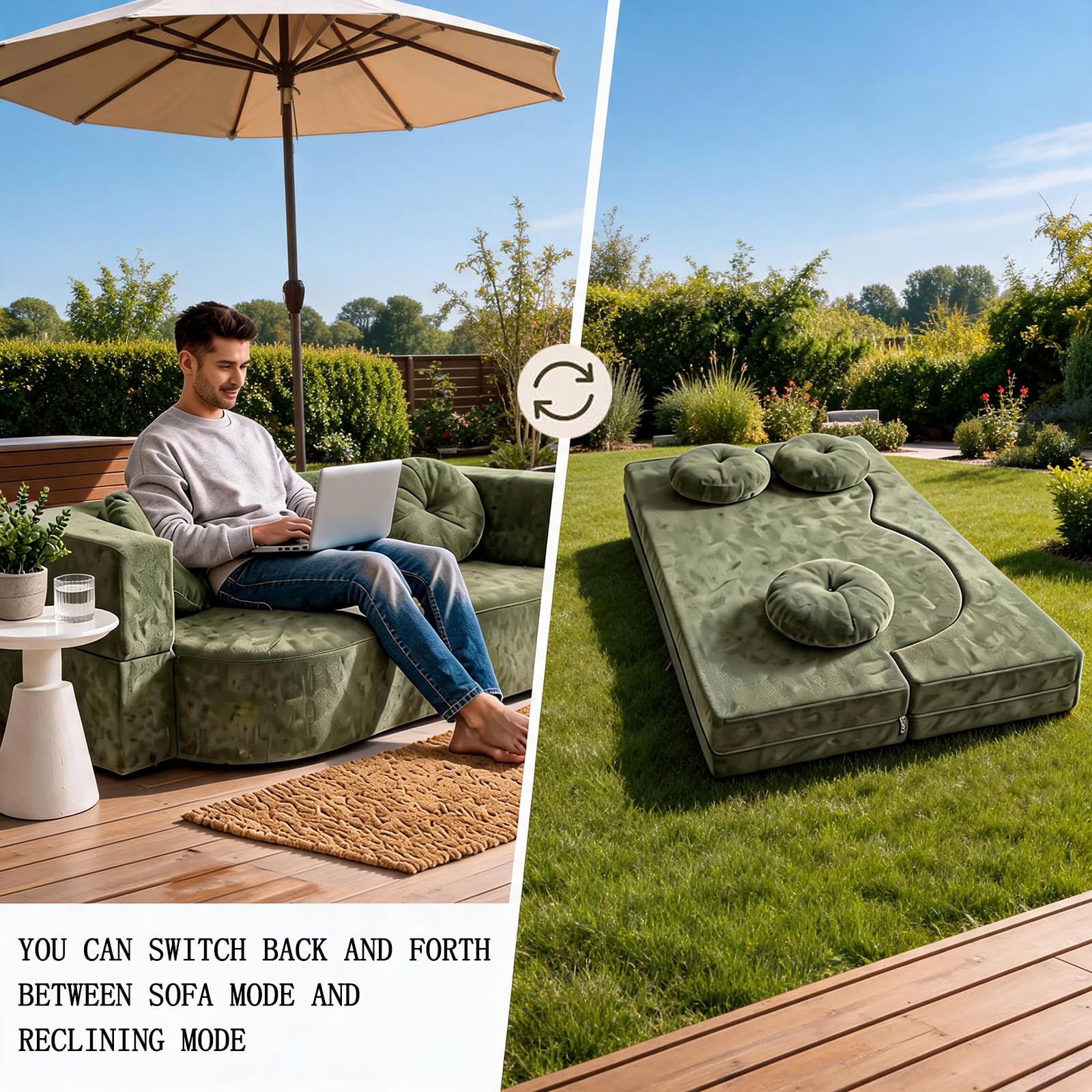 Komprimiertes Sofa ohne Knochen, wandelbar, komprimiertes Sofa, Bett, Memory-Schaum, vakuumverpackt, abnehmbarer Stoffbezug, inklusive 2 Wurfkissen, grün: 200 x 100 cm