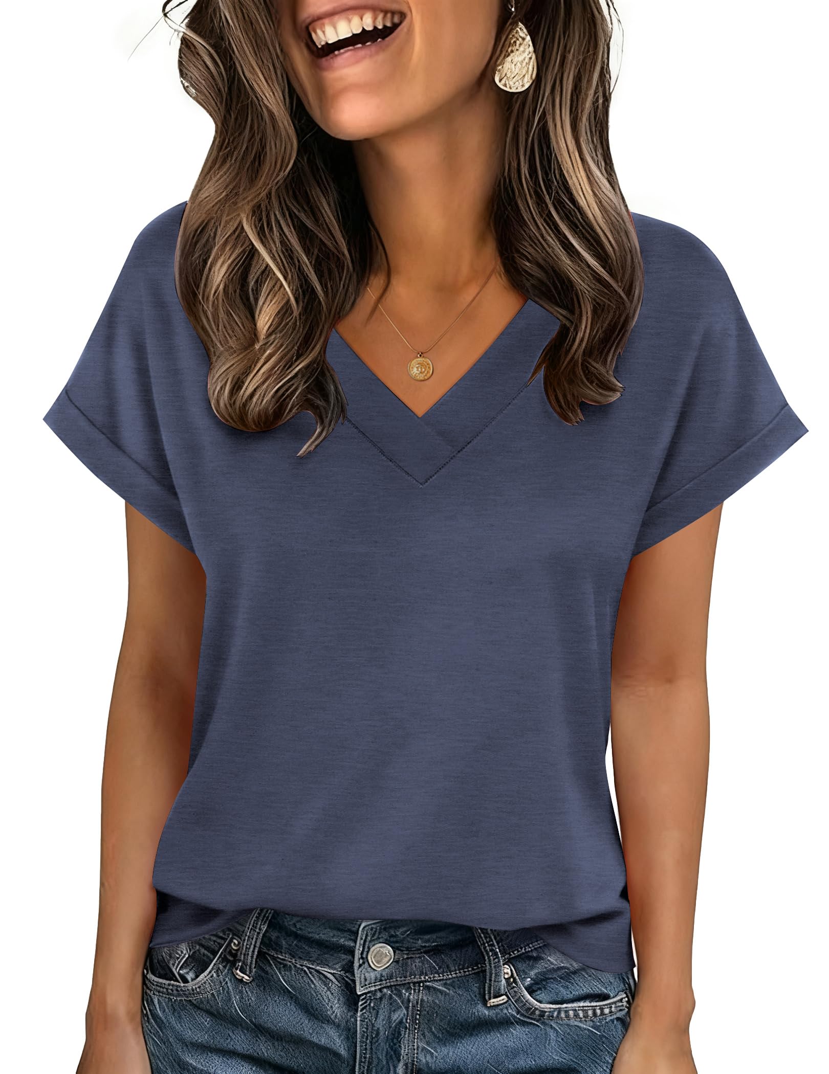 Zeagoo Tshirt Damen V Ausschnitt Kurzarm Oberteil Sommer Elegant Locker Shirts Casual Einfarbig Basic Tops S-2XL