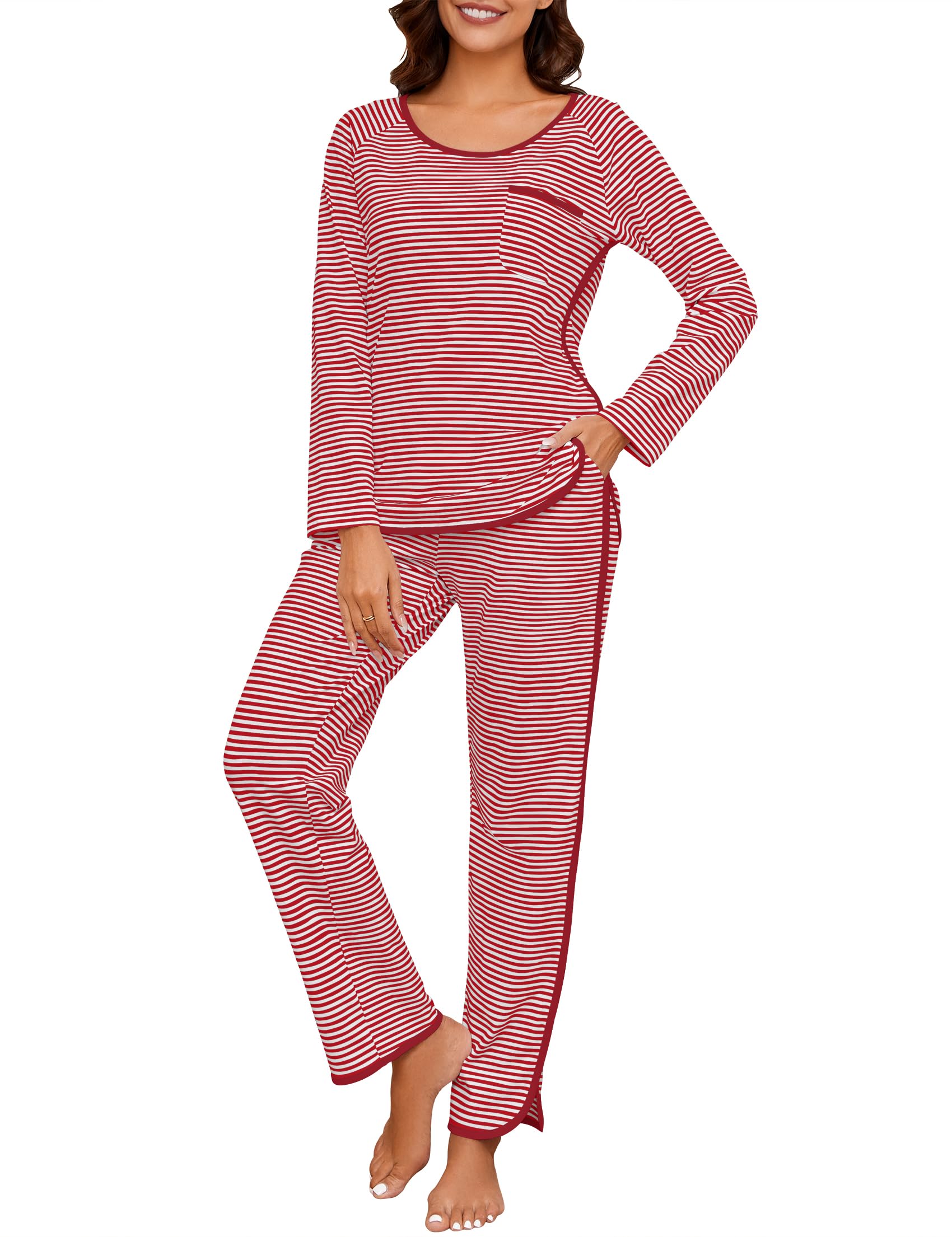 Namatime Womens Cotton Pajama Sets Stripe 2 Piece Lounge Set Long Sleeve Comfy Pj Sets Fall Loungewear Sleepwear with Pockets