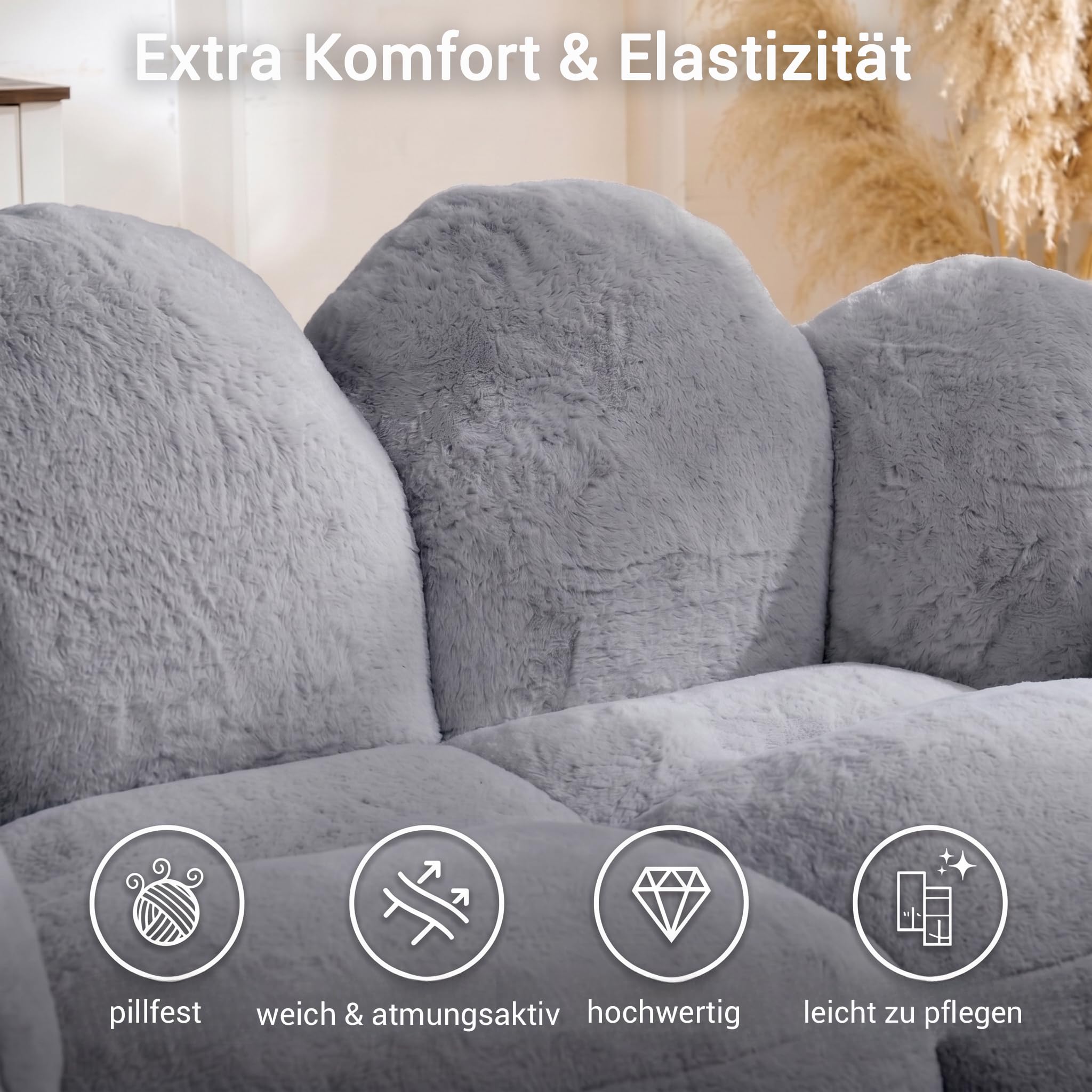 UUKRAVE Pouf double en forme de fleur pour adulte, canapé surdimensionné en fausse fourrure, fauteuil de salon doux avec mousse haute densité pour salon, chambre à coucher, salle de jeux, gris
