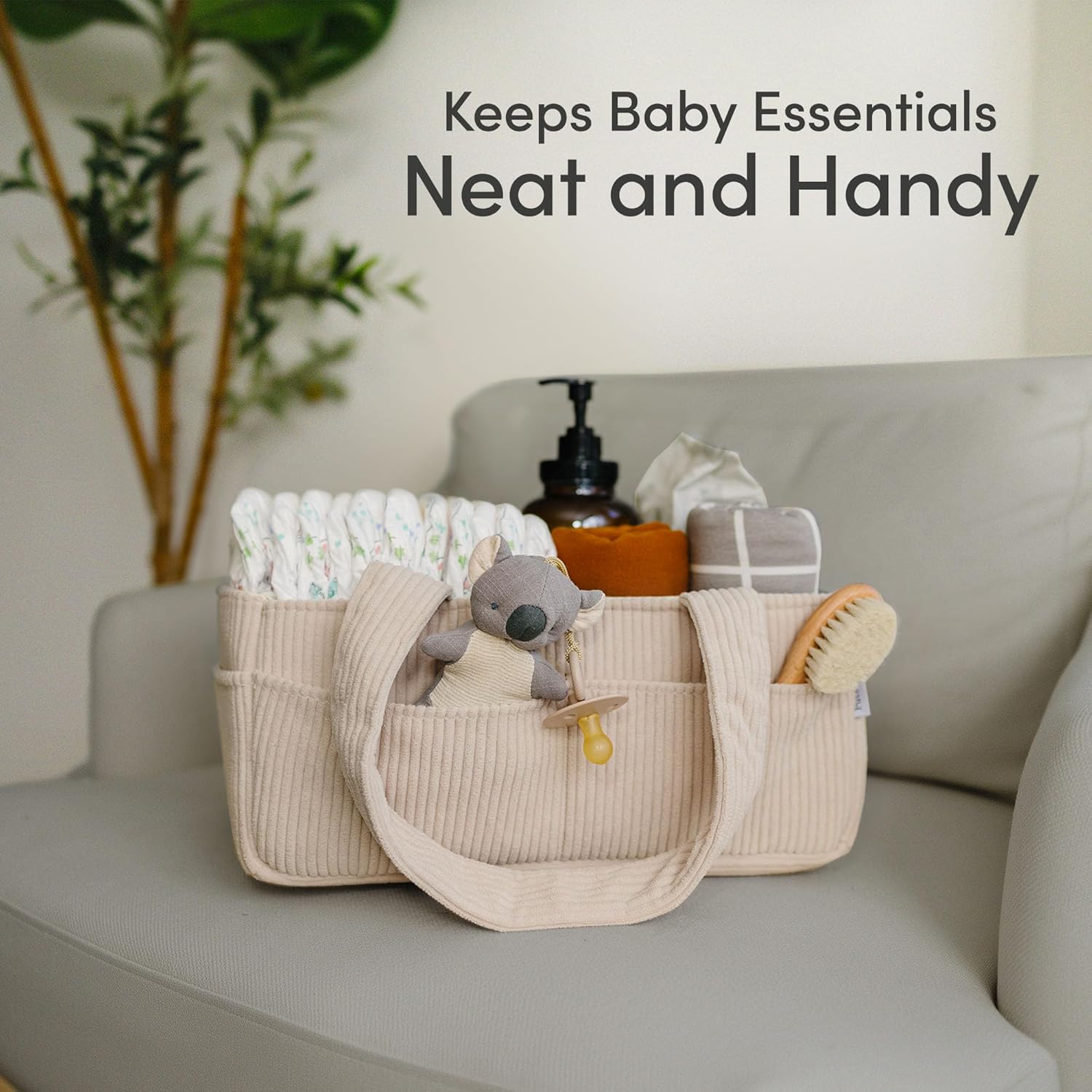 PUTSKA Baby Diaper Caddy Organizer for Changing Table – Stylish Nursery Storage Basket, Newborn Essentials, Baby Shower Gifts and Registry Must-Haves for Boy or Girl, Car Diaper Caddy, Corduroy Cream
