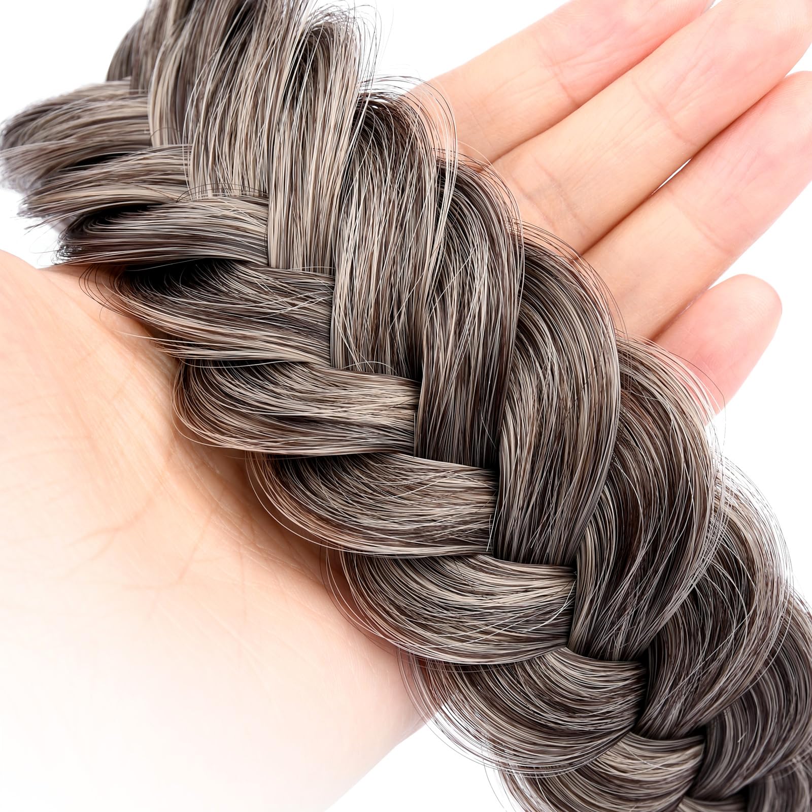 GLEDOLA Wide Messy Braided Headband with Teeth Synthetic Hair Plaited Headband High Elasticity Braids Chunky Fishtail Braided Hair Band Hairpiece for Girls Women (Gray Brown) - Image 2