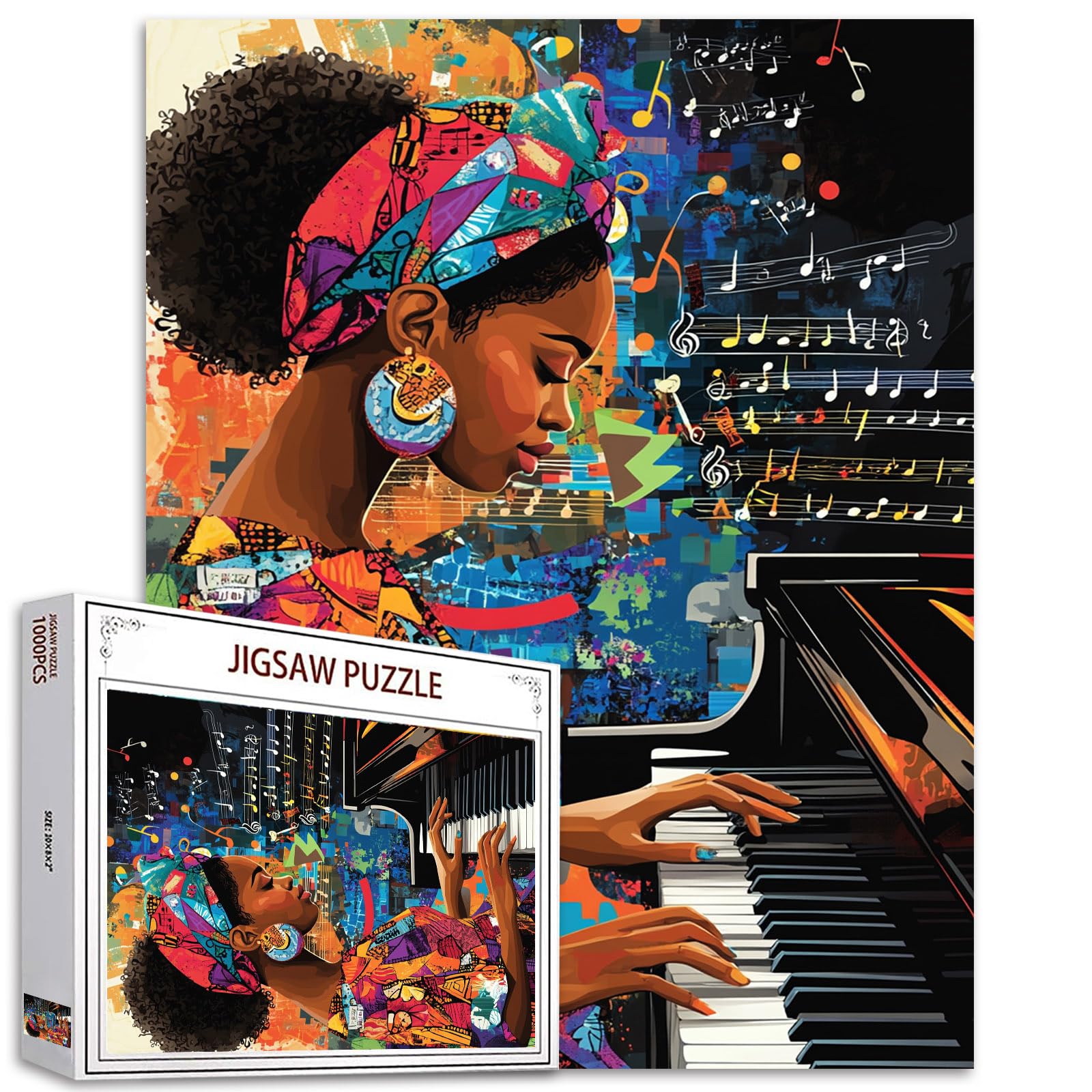 Afro-America Girl 1000 Piece Jigsaw Puzzles for Adults Painting Jigsaw Puzzle Africa Black Musician 1000 Pieces Puzzles Game Woman Playing the Piano Wall Decor Music Motes DIY Craft Puzzle Art(Red)