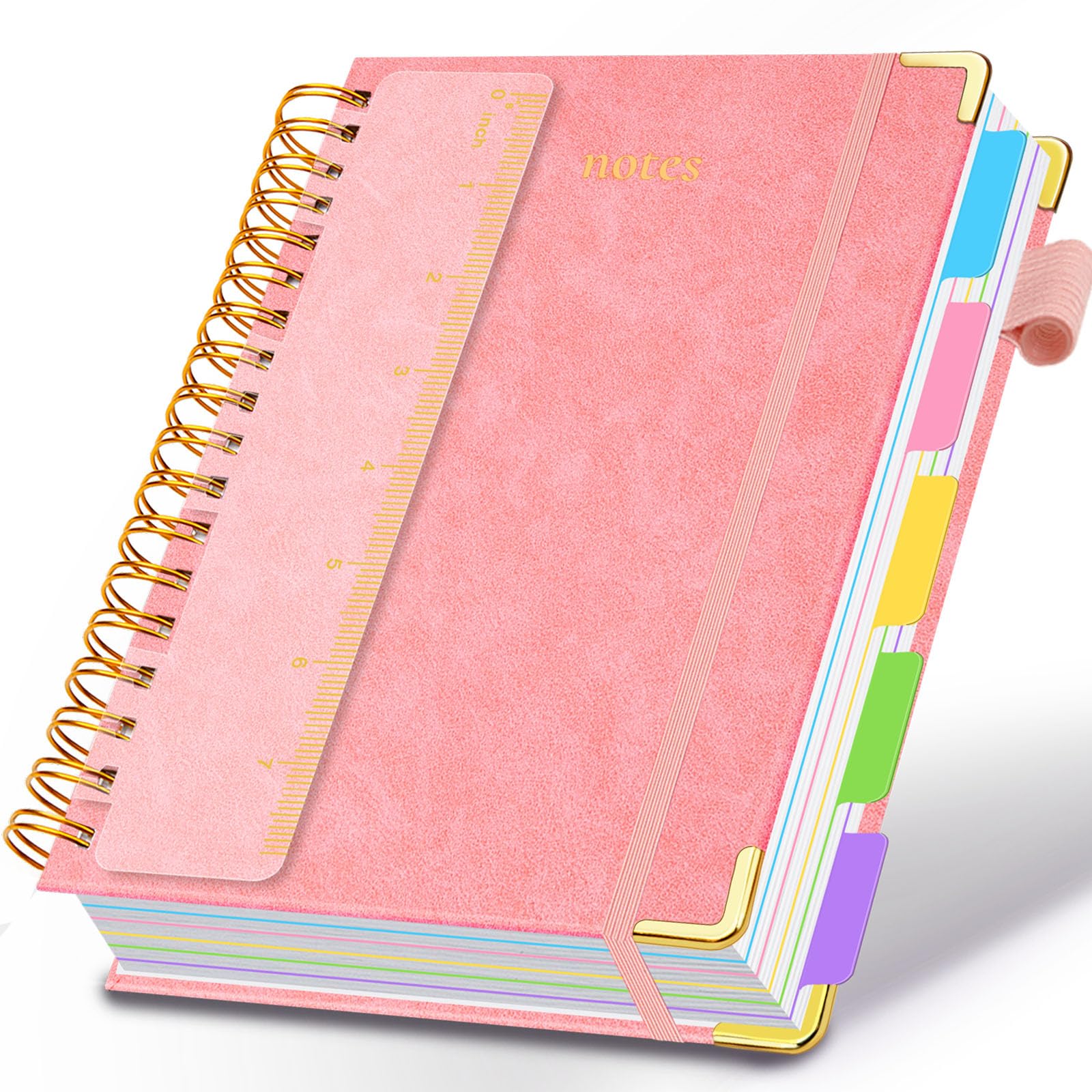 Taccuino a spirale con copertina rigida, 15,7 x 20,8 cm, con linguette e divisori rimovibili, 300 pagine, 5 soggetti, a righe, in ecopelle, per donne, scuola, lavoro (rosa)