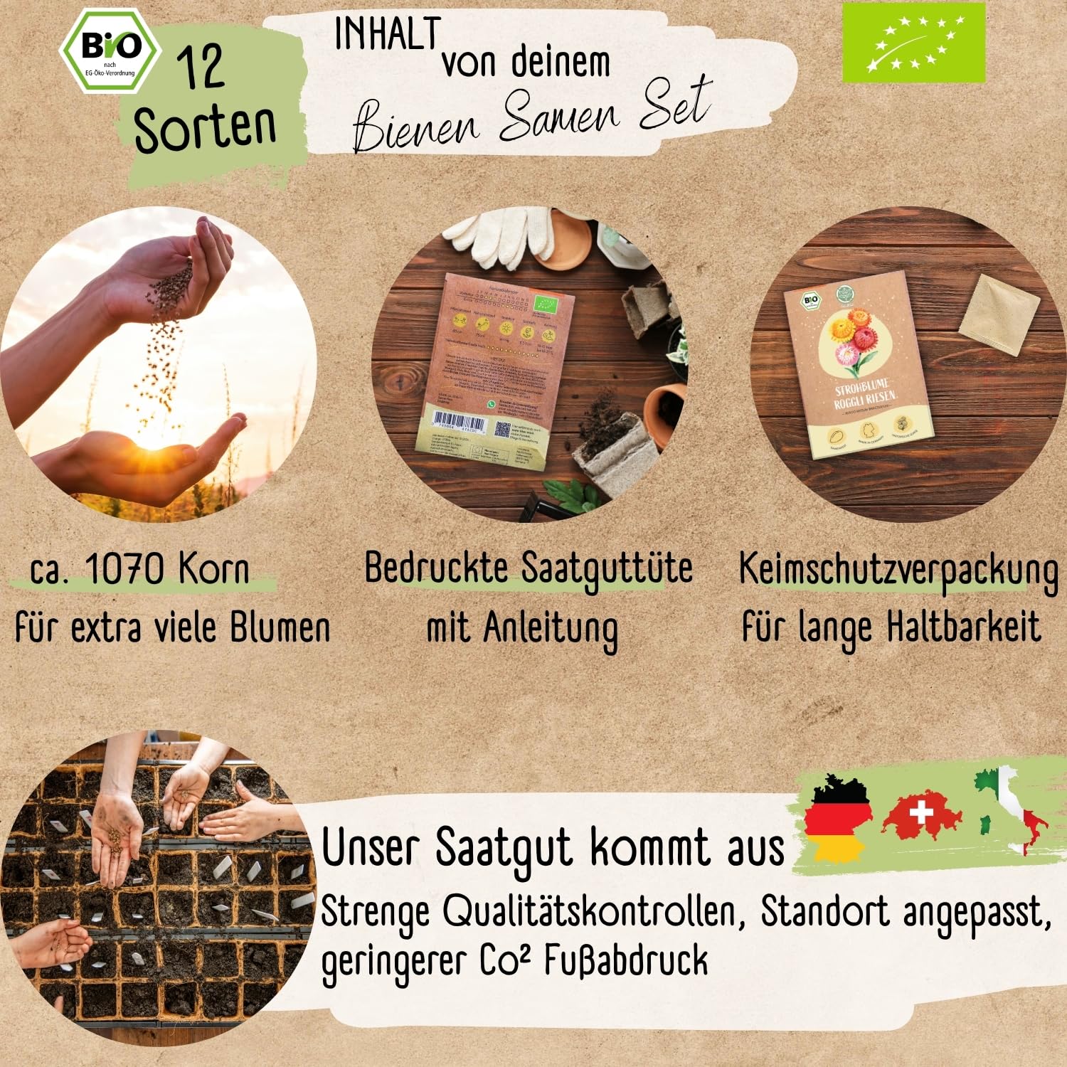 Bio Bienen Blumen Samen Set – 12 Sorten samenfeste Bio Blumensamen – mit extra viel Blumen Saatgut für deine Bienen. Schönes Pflanzensamen Set mit Wildblumensamen als Gastgeschenk.