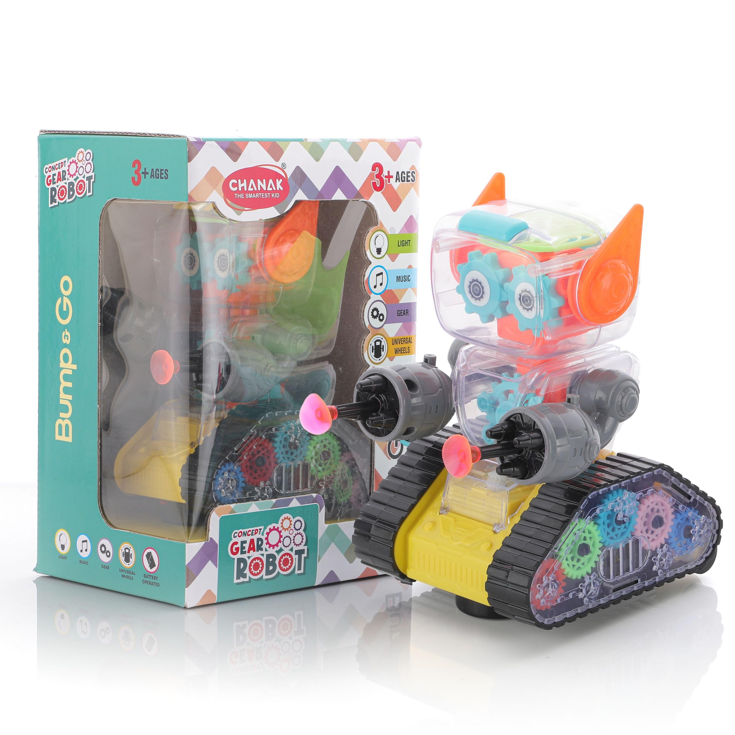 Chanak Gear Robot Car for Kids, Transparent Electric Robot with Realistic Sound and Light, Bump & Go Gear Robot, Non-Toxic, BIS Approved (Yellow)