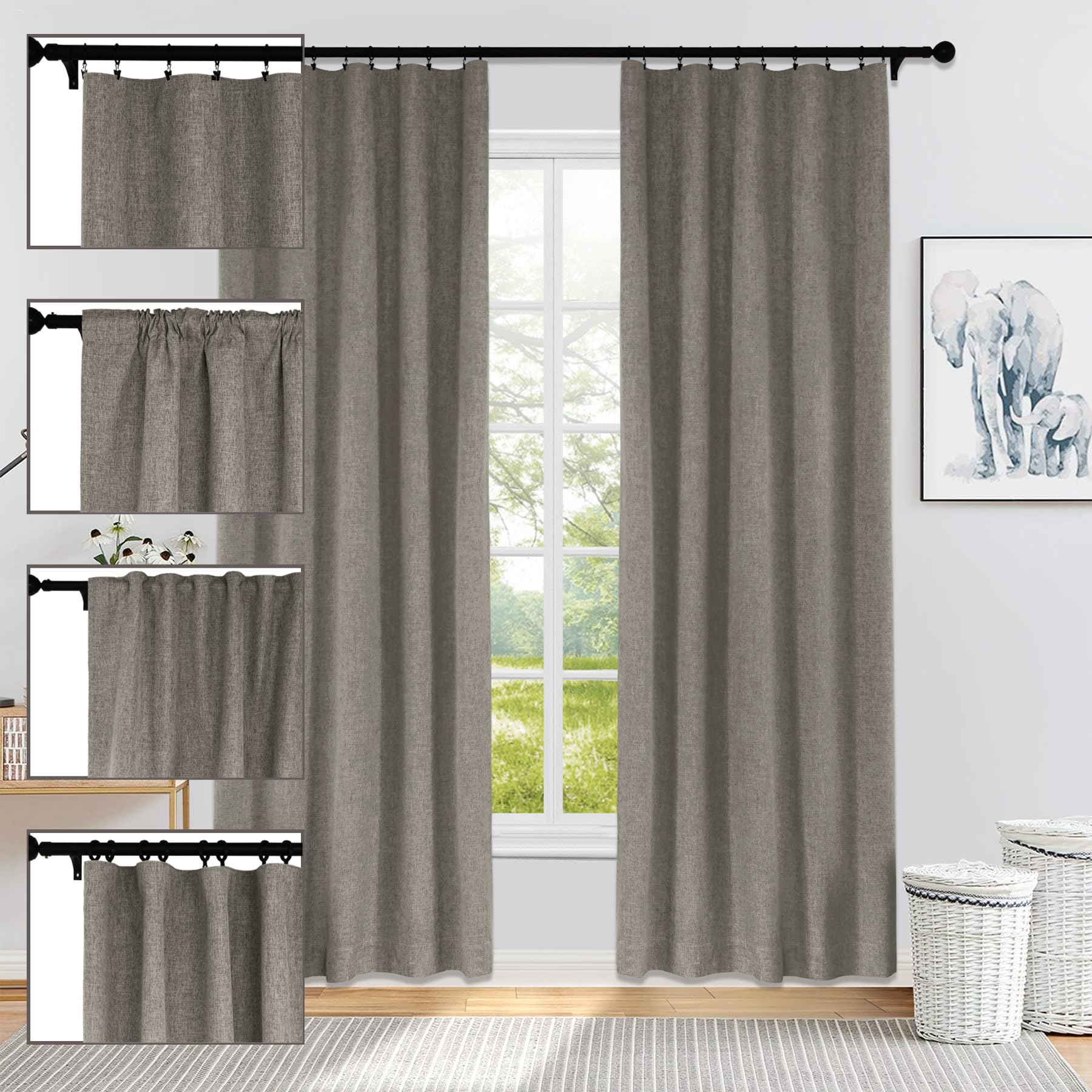 Lot de 2 rideaux 100 % occultants à texture de lin de 106,7 x 137,2 cm, séparateur de pièce, languette arrière et passe-tringle – Panneaux de fenêtre gris rétro pour intimité – Pour décoration