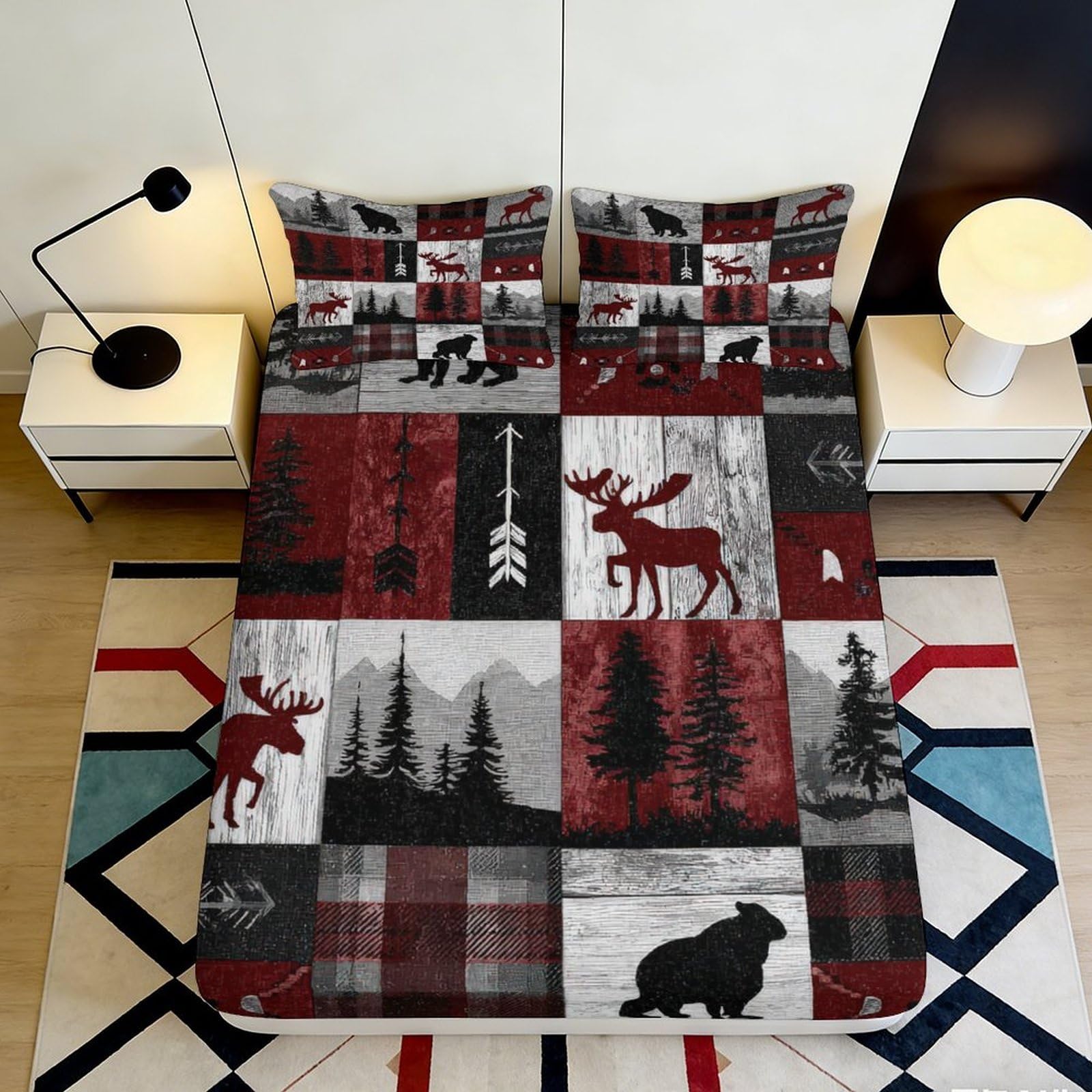 3D Printed Moose and Pine Trees Fitted Sheet Microfiber Soft Breathable Forest Pattern Bed Cover for Bedroom Dormitory Guest Room Mattress Protection 140x200x25cm