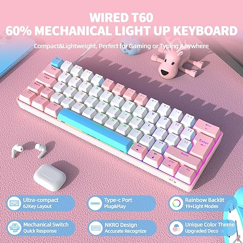 Miniatura 2 de ZIYOU LANG Teclado mecánico T60 con cable 60% TKL para juegos con retroiluminación LED arco iris ultra compacto NKRO Interruptor táctil azul clicky