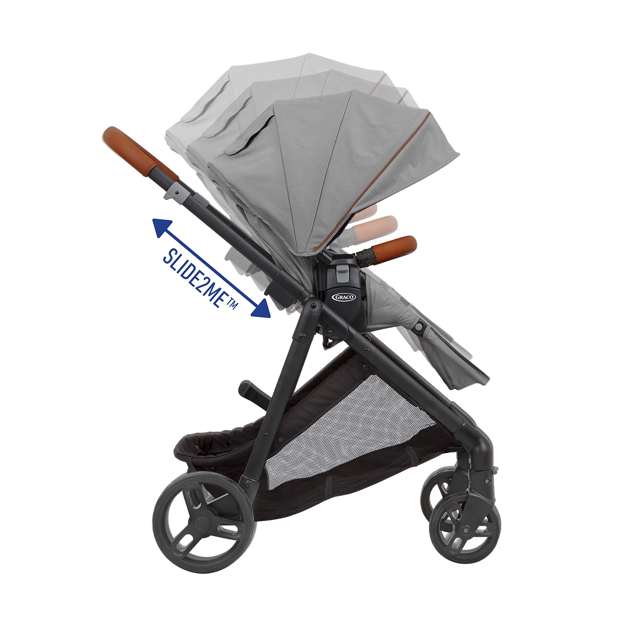 Graco Near2Me - Cochecito (desde el nacimiento hasta los 4 años aprox. 0-22 kg) con función de ajuste de altura Slide2Me, saco de lujo y protector de lluvia, gris