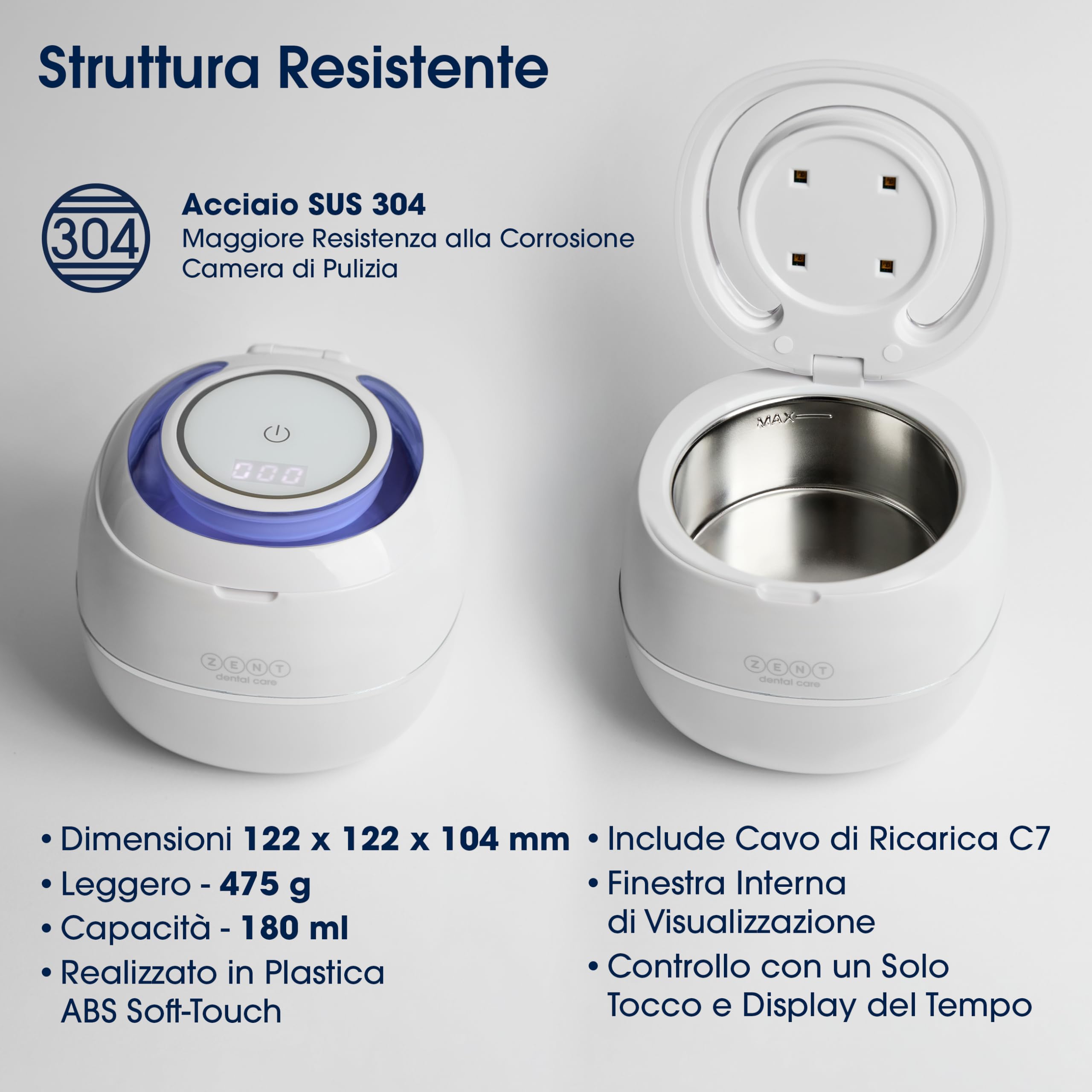 ZENT Ultrasonic Cleaner 42 kHz – Pulitore ultrasuoni compatto, Vasca ultrasuoni, Disinfezione con lampada UV, Pulizia apparecchio ortodontico gioielli, Pulizia rapida – solo 5 minuti, 0.2l