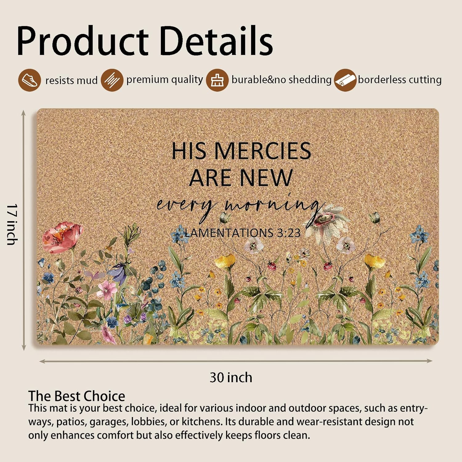 Mingnei Christian Floral Coco Coir Doormat Door Mat for Home House Entrance, His Mercies are New Every Morning Bible Verse Wildflower Floor Mats for Outdoor Outside Entryway 30x17 Welcome Mat