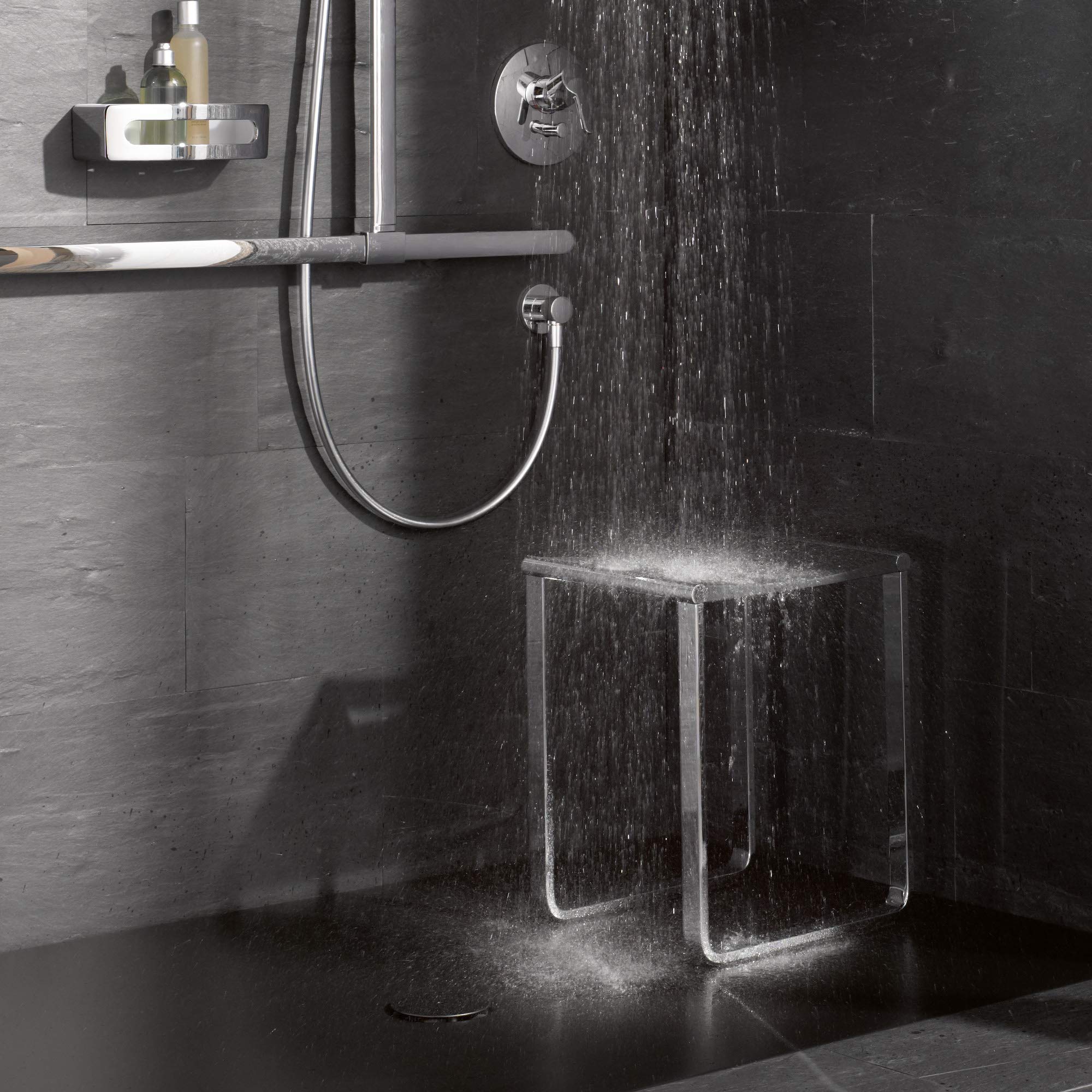Keuco Plan Duschhocker, belastbar bis 100 kg, Aluminium verchromt, Sitzfläche aus Kunststoff Schwarzgrau, 36,5 x 34 cm, Hocker für Bad und Dusche