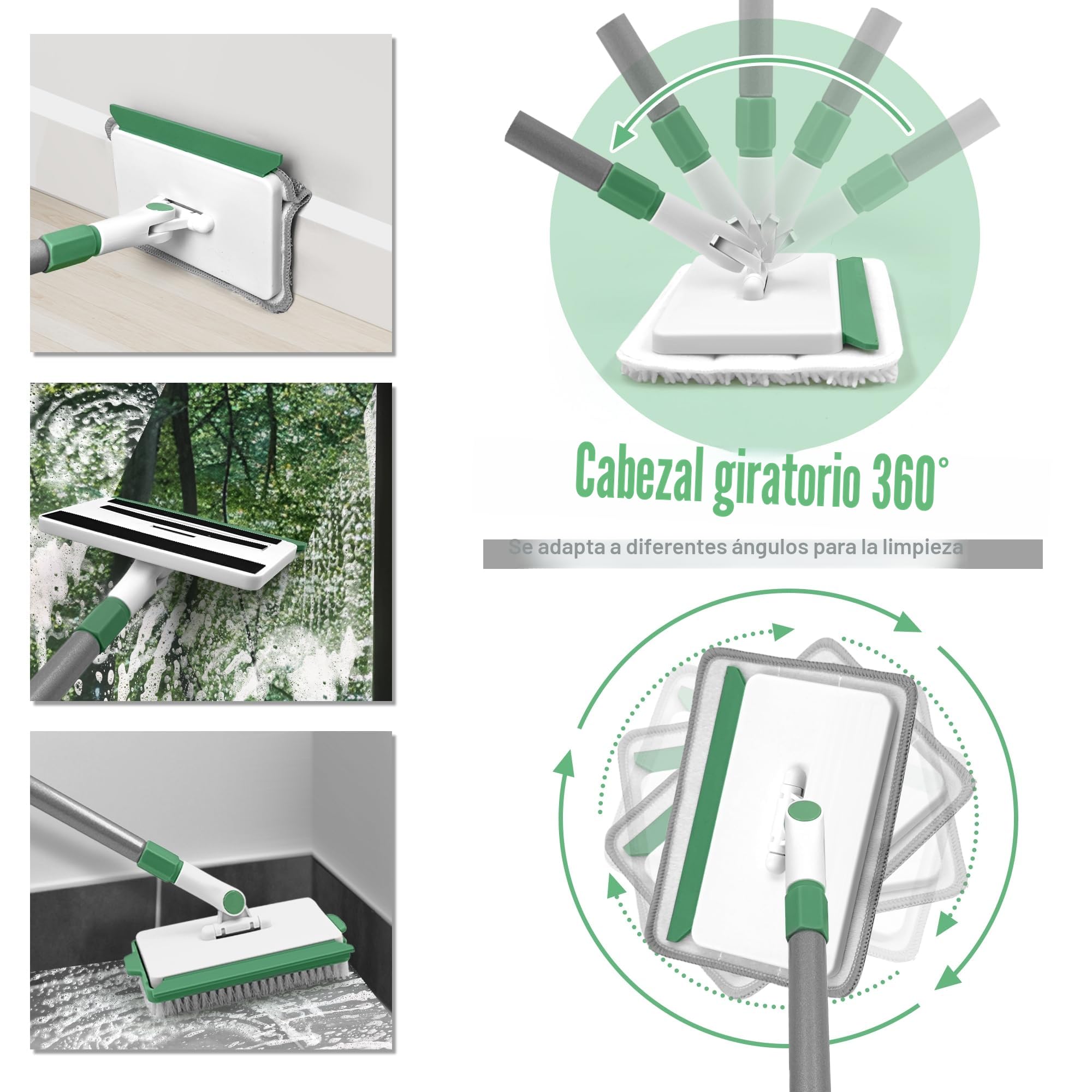 Mopa para Limpiar Azulejos y Paredes con Mango Ajustable 139CM - Kit Completo con 1 Cabezal y 4 Almohadillas para Zócalos, Techos, Cocina y Baño
