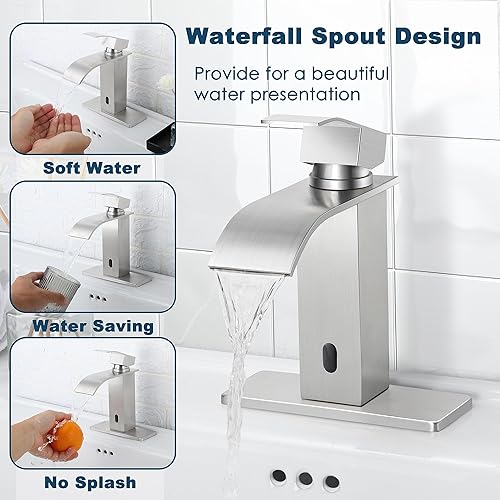 Miniatura 4 de Herogo Grifo de lavabo de baño sin contacto, sensor automático de níquel cepillado, cascada de acero inoxidable con drenaje desplegable de latón