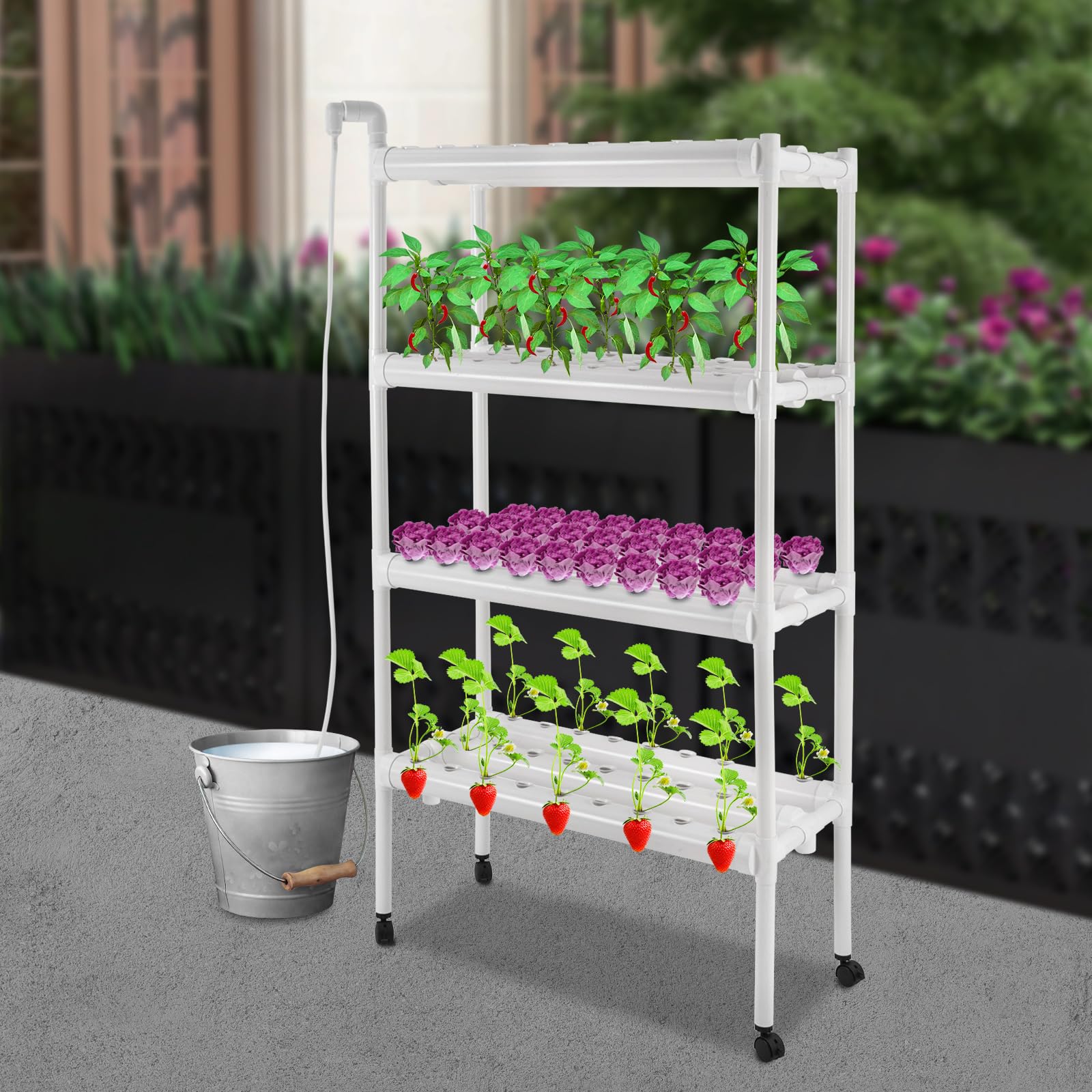 Juego de plantación hidropónica con ruedas, 4 capas/108 ubicaciones,Kit de sistema de cultivo hidropónico,12 tubos,Equipo de plantación hidropónica con bomba de agua y cestas de cultivo