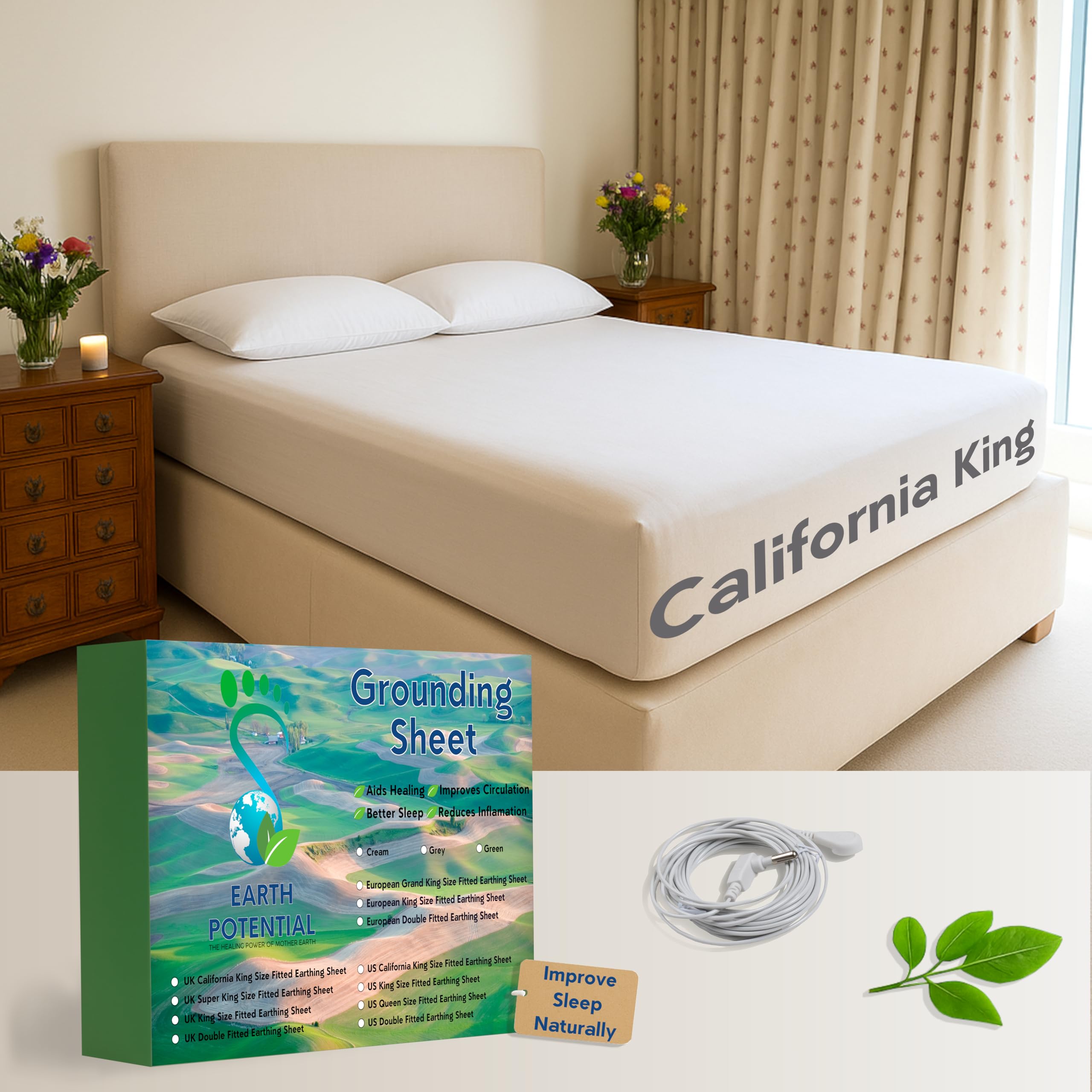 Earth Potential California King Size Grounding Sheet - Earthing Sheet for Healing Sleep & Wellbeing - c/w 15 ft Bed Grounding Cord - White, Gray, Green