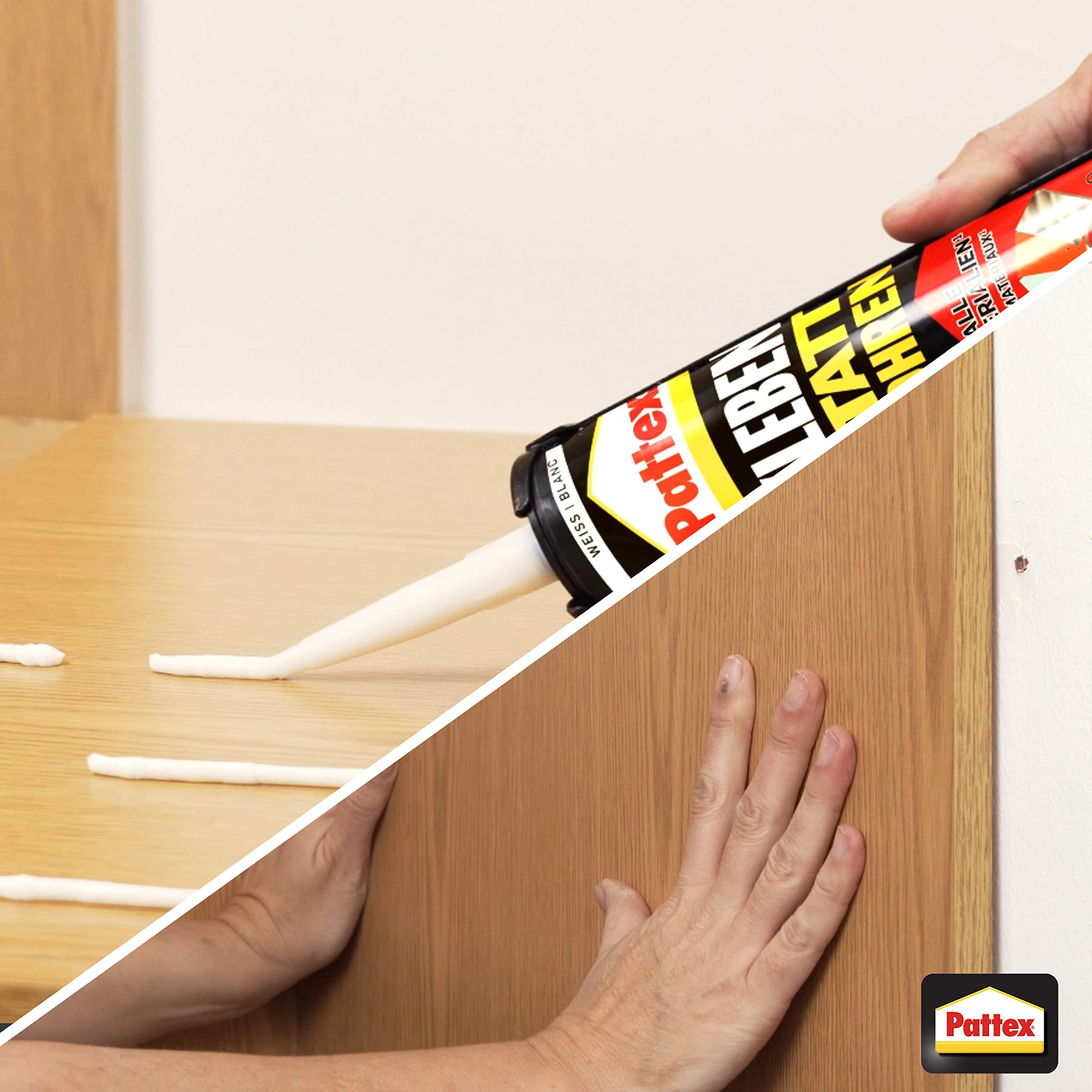 Pattex Colle au lieu de percer High Tack, colle de montage et colle de construction à haute adhérence initiale, colle forte pour presque toutes les surfaces, colle polyvalente flexible, cartouche de