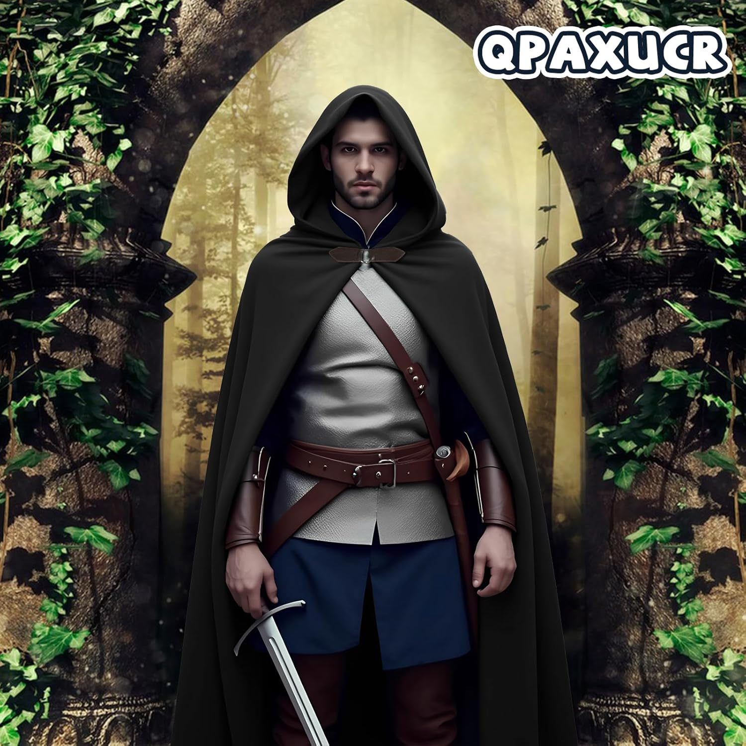 Cloak with Hood Men，Medieval Costume Men Round Metal Buckle Cloak with Green Leaf Brooch Necklace for Halloween - Image 5