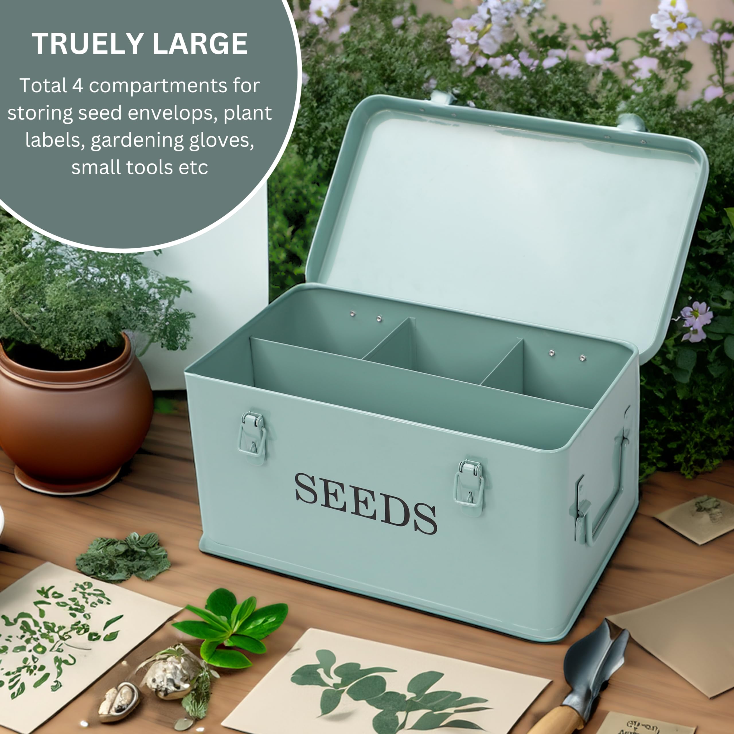 Boîte à semences en métal avec couvercle, boîte de rangement de graines avec couvercle, boîte de rangement de graines de jardin à 4 compartiments avec verrous de sécurité, vert (vert, taille