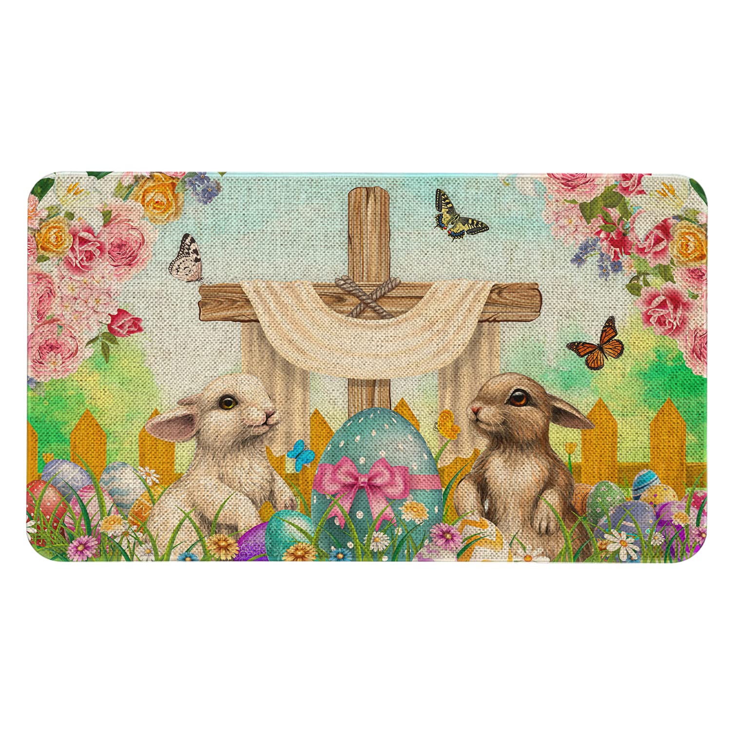 Roszwtit He is Risen Door Mat 30 X 17 Inch Easter Eggs Floral Bunny Doormat Indoor Outdoor Entrance Floor Rug Non Slip Spring Easter Decor Low Profile