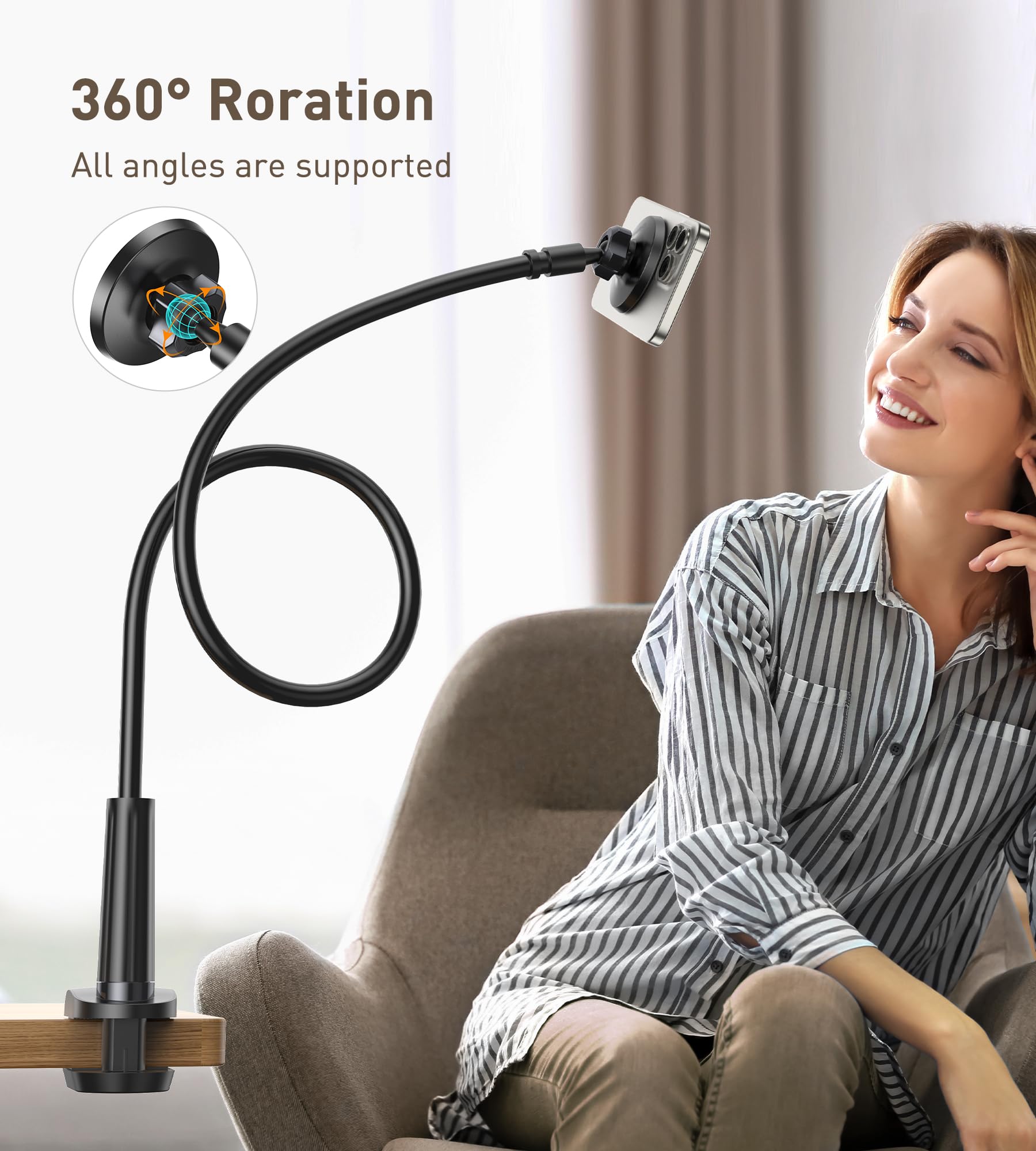 Magnetyczny uchwyt na telefon z gęsią szyją, uchwyt na telefon iPhone 13/12, stojak zacisk stołowy, regulowany obrót o 360°, biuro/dom, kompatybilny z 13 12 Pro/13 Mini/13 Pro Max, etui