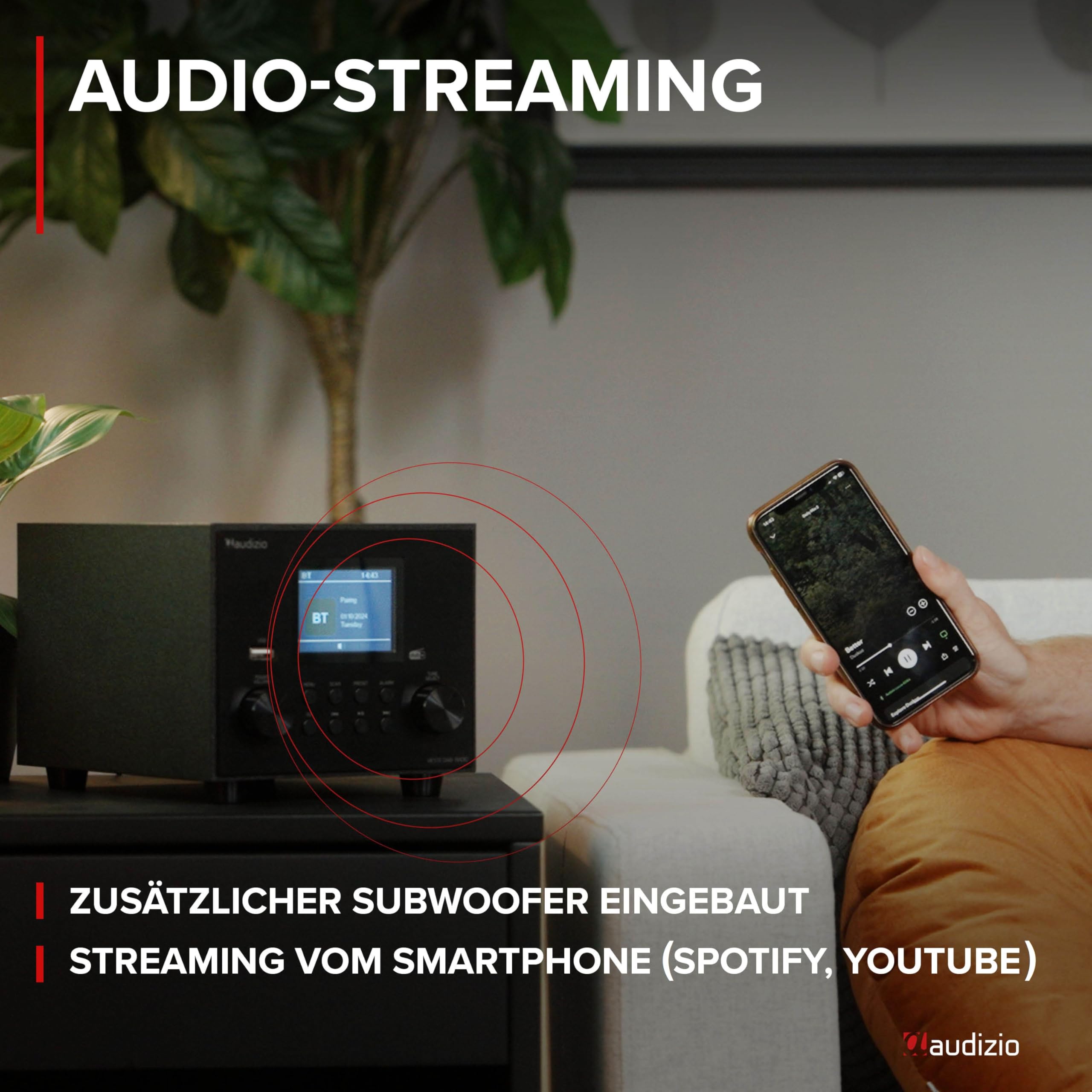 Audizio Vieste - DAB Radio mit Bluetooth, 60 Watt Lautsprecher, DAB Plus Radio mit USB Anschluss, FM & UKW, Weckerfunktion, 20 Speicherplätze, Auto-Suchlauf, Schwarz