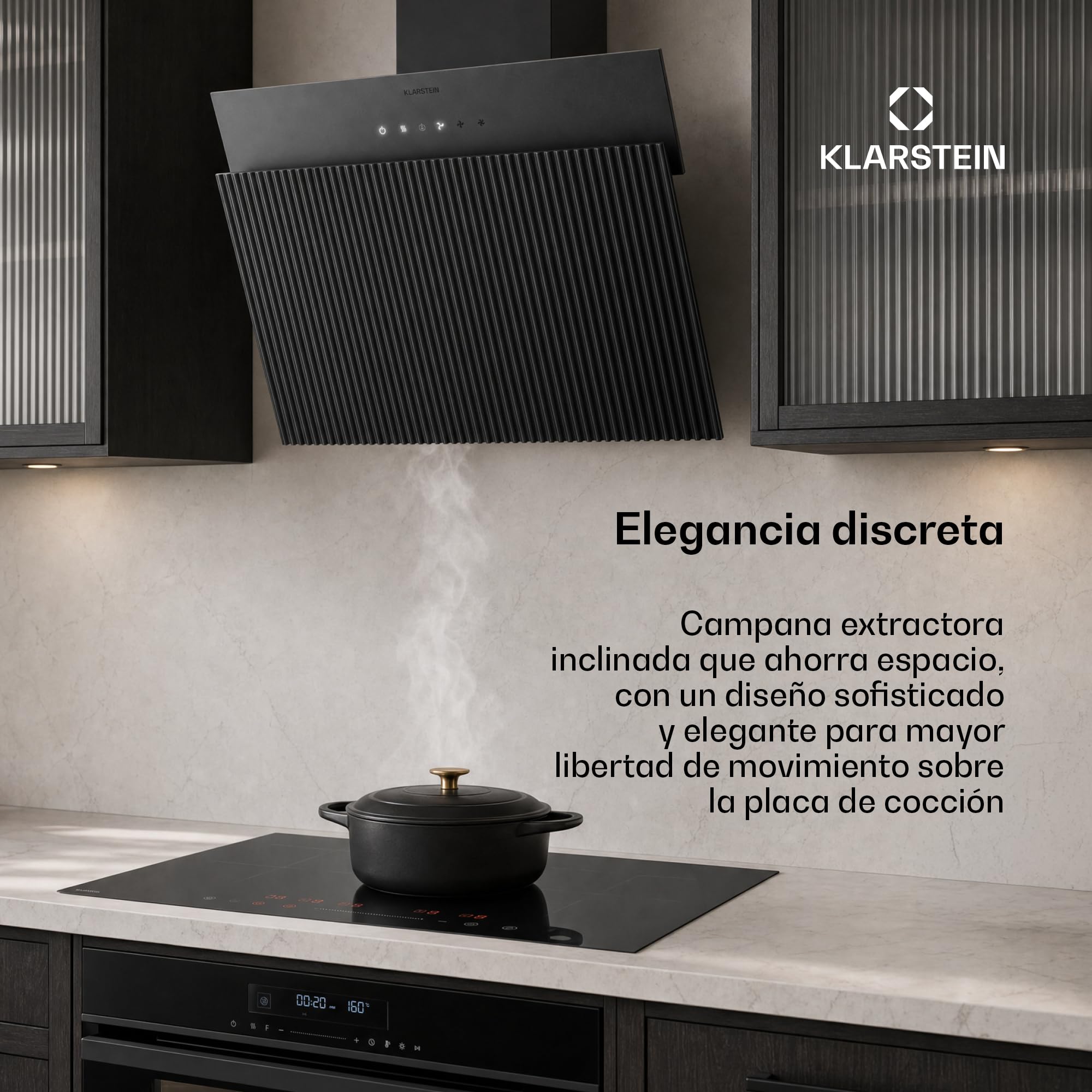 Klarstein Wavyn Campana extractora angular - Extractor de pared 661 m³/h, control táctil, luz LED, modo Boost, recirculación o extracción