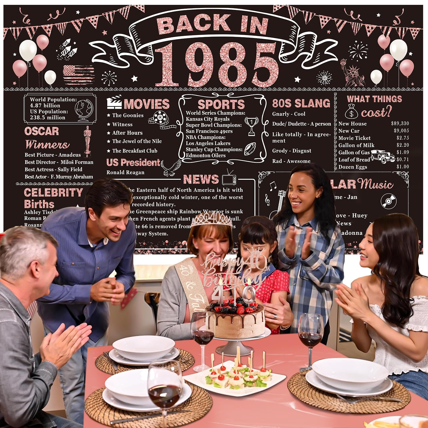 40th Birthday Decorations Woman with 40th Birthday Banner, Rose Gold Tablecloth, 40 Number Balloons, 40th Birthday Sash and Tiara, 40 Birthday Candles and Cake Topper