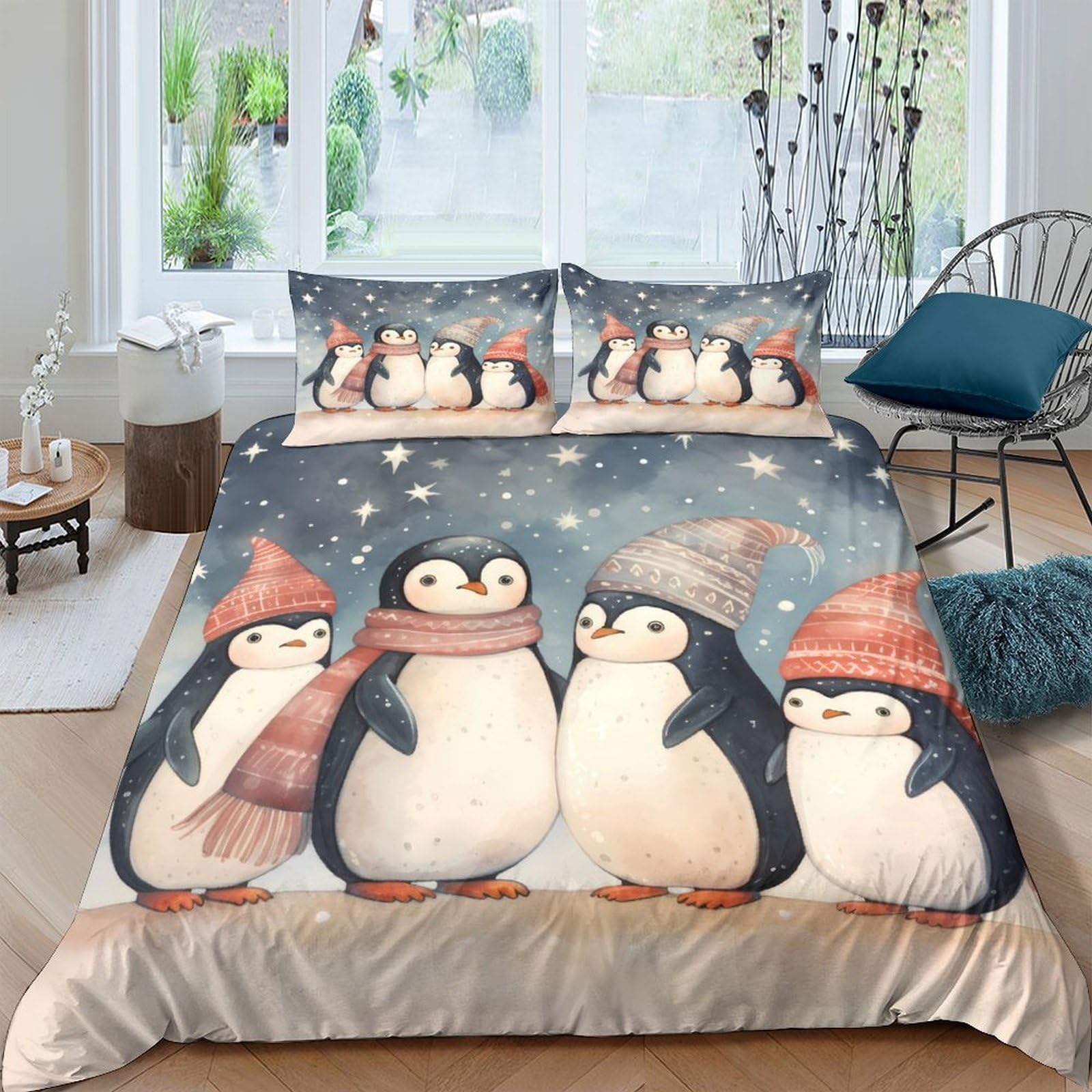 Ctjqhvkz Style-1 3D Printed Winter Penguin Fitted Sheet Microfiber Soft Breathable Snow Scarf Bed Sheet For Bedroom Guestroom Decor Single（135X200cm）