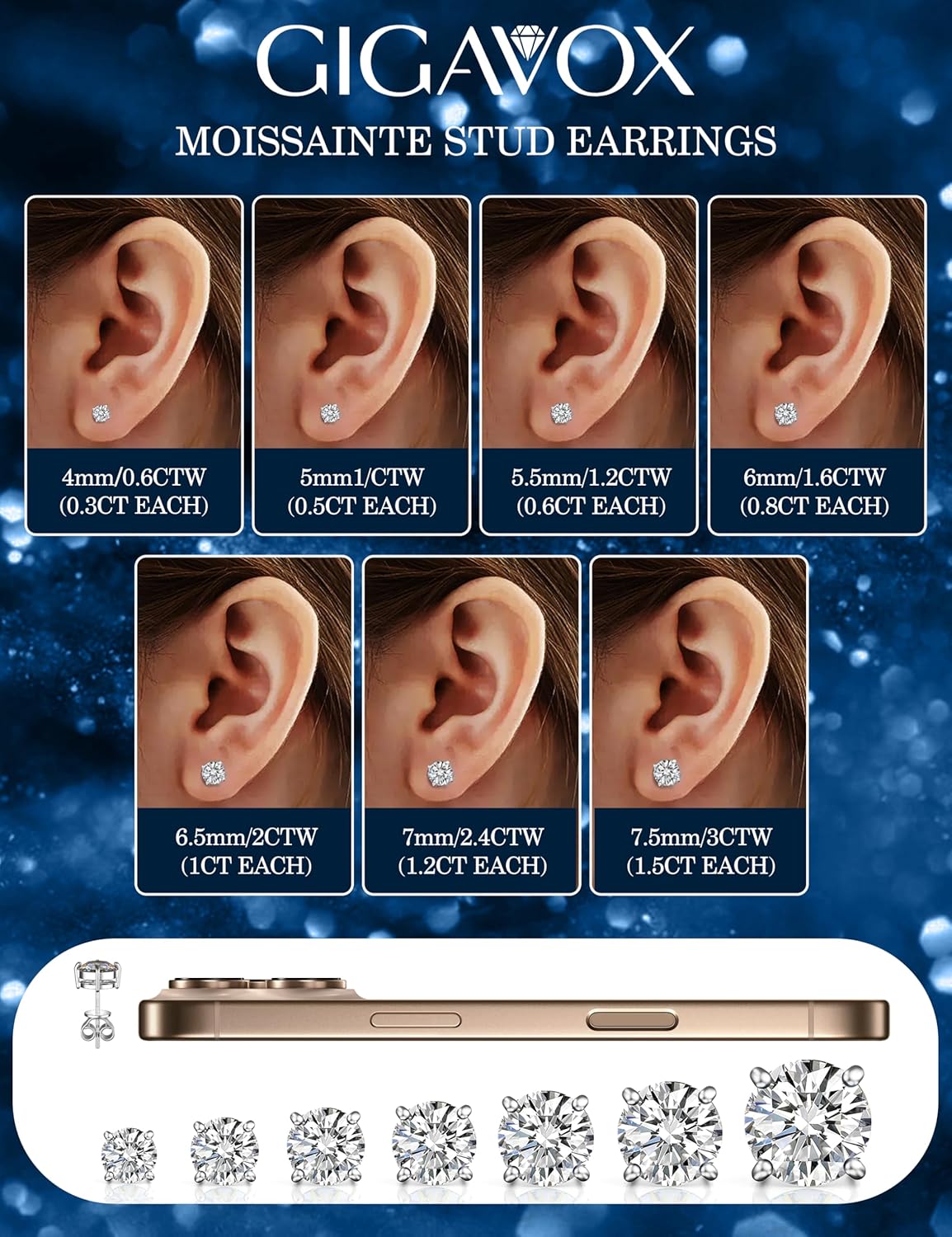 Moissanite Stud Earrings for Women Men,0.3ct-3.0CT 18K White Gold Plated Moissanite Solid 925 Sterling Silver Earring Hypoallergenic Stud Wedding Engagement Jewelry Gifts Round Cut D Color VVS1 - Image 2