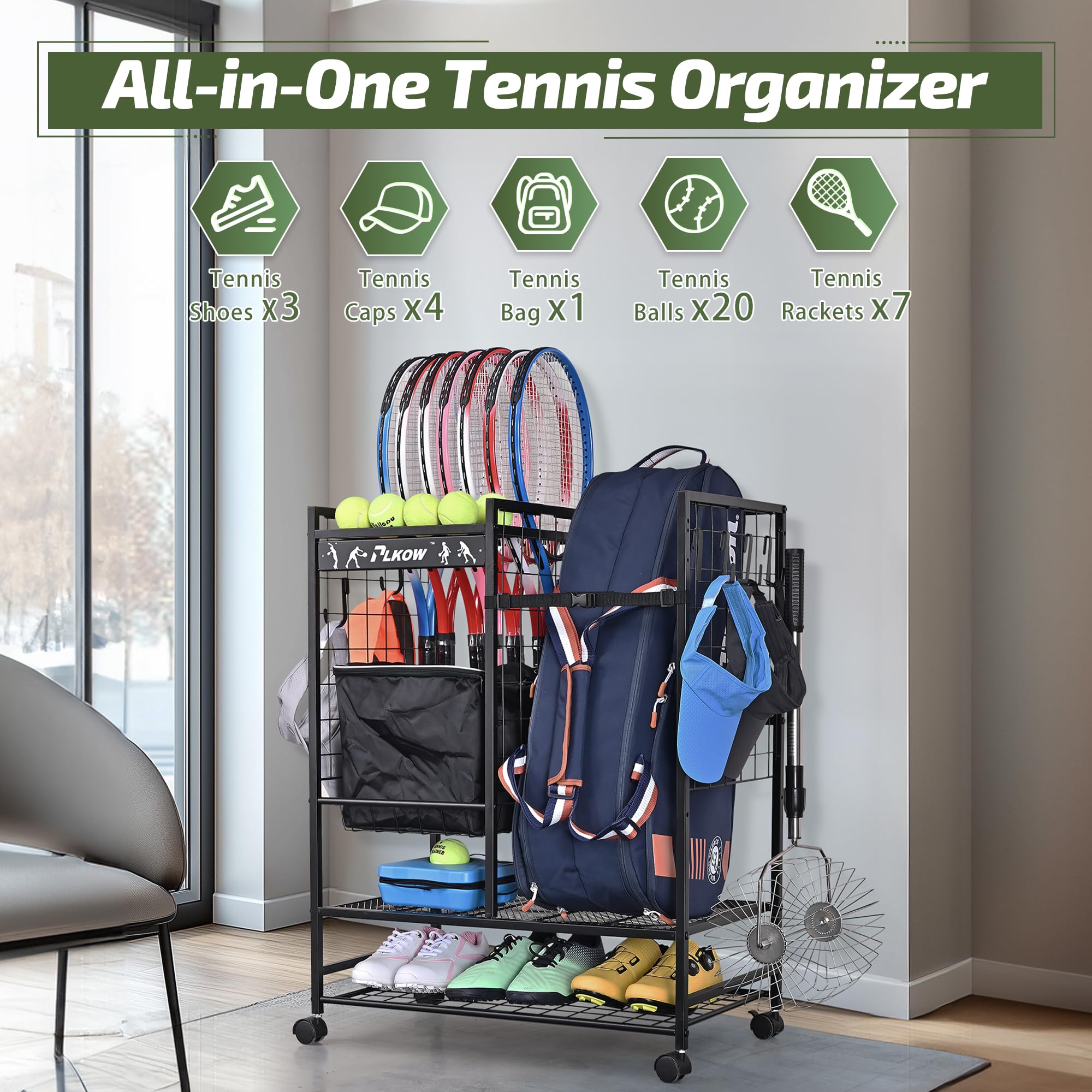 PLKOW Tennis Bag Organizer Tennis Racket Storage Rack, Tennis Equipment Holder for Bags, Balls, Racquet & Accessories, Versatile Gear Organizer for Garage, Club, or School