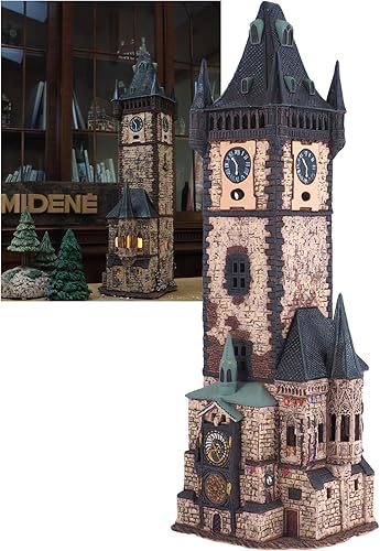 Midene Portavelas de cerámica para decoración de habitación, hecho a mano, coleccionable, con luz en miniatura, reloj astronómico de Praga, torre