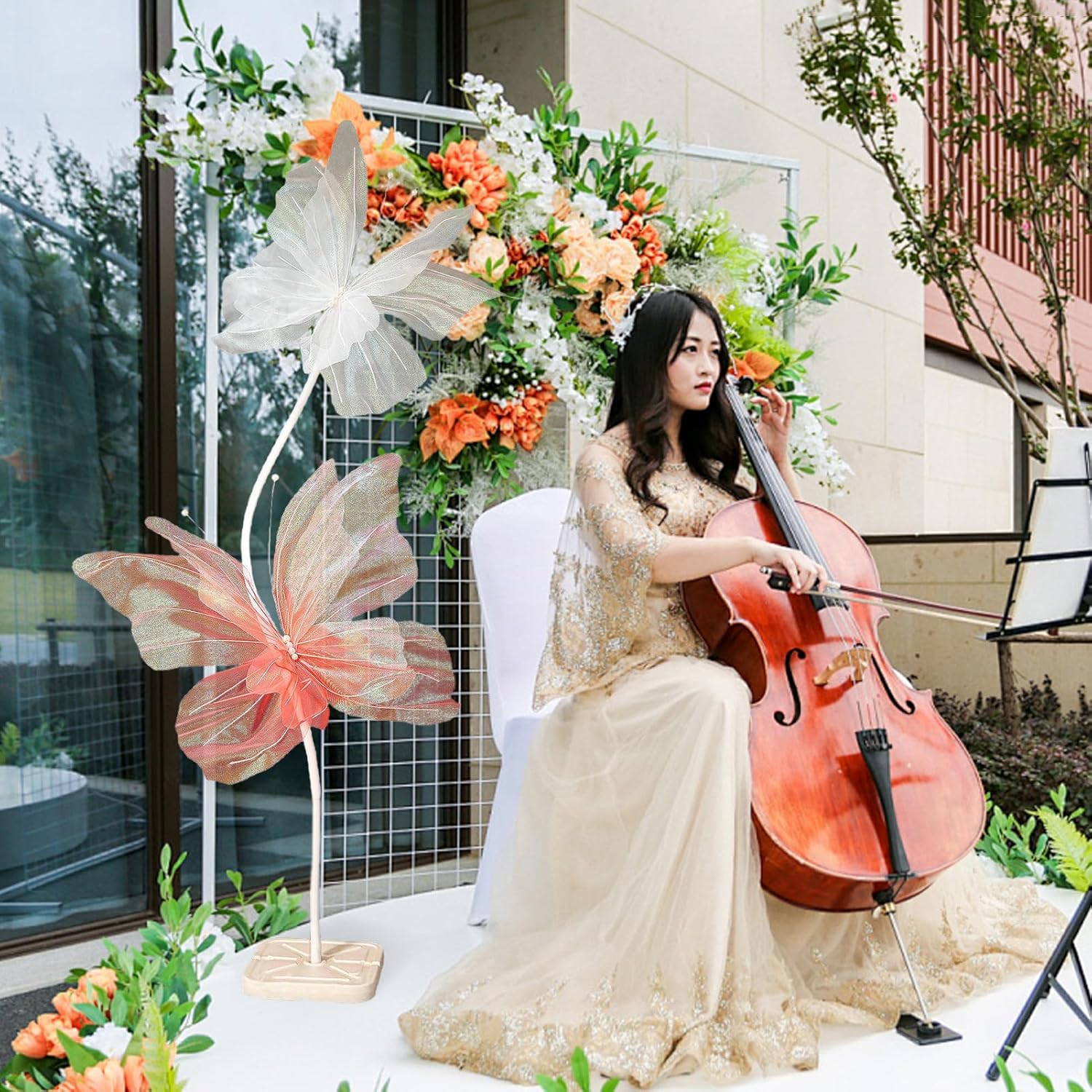 2Pcs Silk Butterfly Decorations Big and Small Butterfly Decoration with Standing Base Event Decorations Artificial Gauze Butterfly Decoration (D)