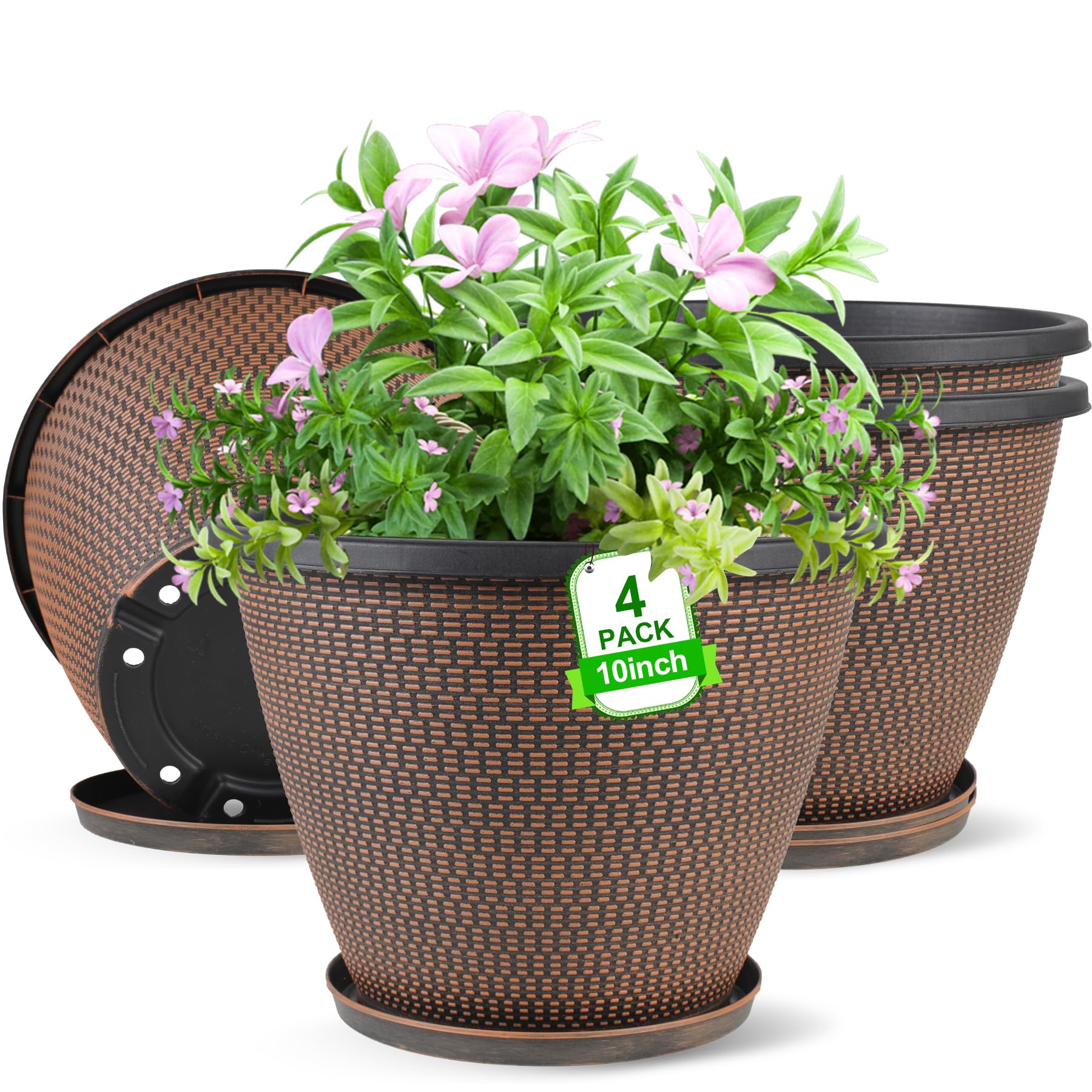 4 Pack 10 inch Plant Pot for Outdoor Indoor, Plastic Flower Pots with Drainage Holes & Saucers, Lightweight Large Outdoor Planter Pot, Imitation Knit