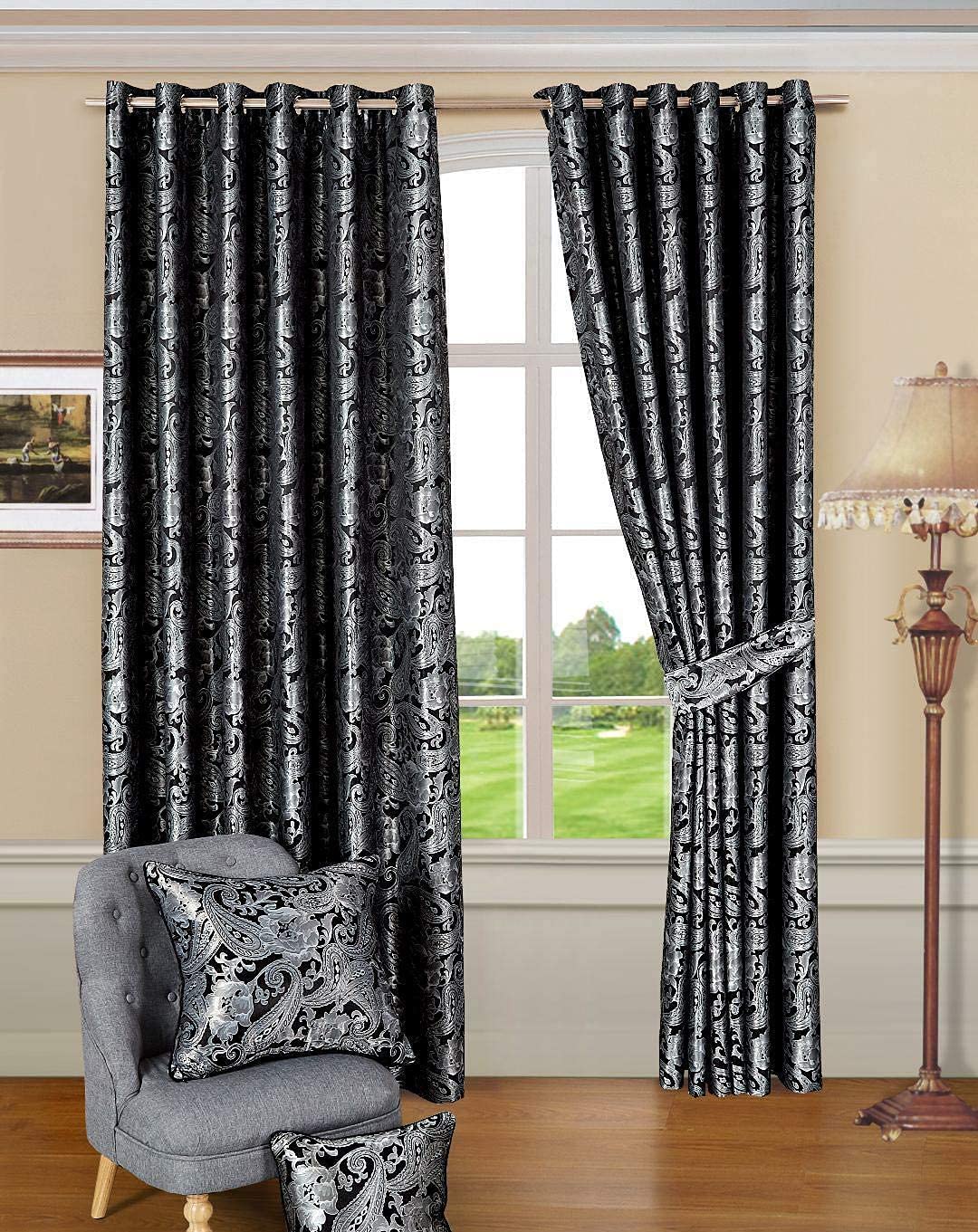 Householdfurnishing Jacquard Microfiber Polyester Luxury Quality Curtain + Tieback (Cleo Curtain Black, in W 46 x in L 90 117 cm x 228)
