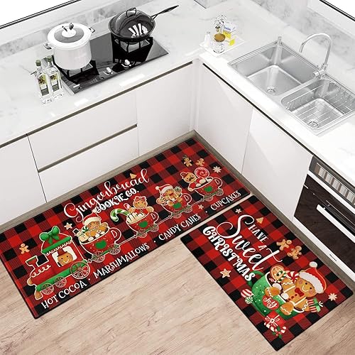 Miniatura 2 de Juego de 2 alfombras y tapetes de cocina de Feliz Navidad, a cuadros, pan de jengibre, chocolate caliente, Navidad, invierno, vacaciones, fregadero,