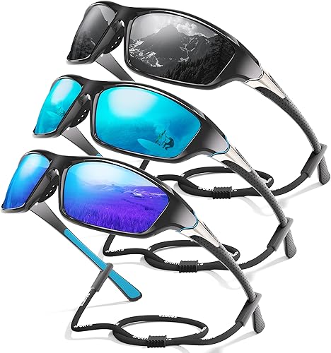 Miniatura 39 de Paquete de 3 lentes de sol deportivos polarizados para hombres, gafas de sol masculinas envolventes con protección UV para ciclismo, pesca y