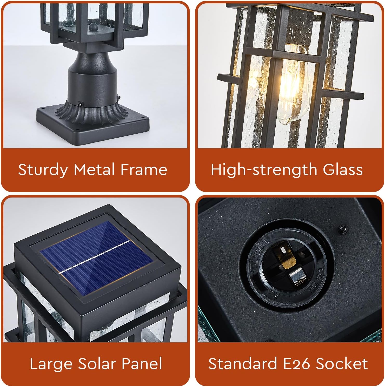 Outdoor Solar Lamp Post Light with Pier Mount Base, Dusk to Dawn Aluminum Outside Solar Pillar Lights with Seeded Glass, Waterproof Exterior Pole Light for Garden, Pathway, Patio, Black