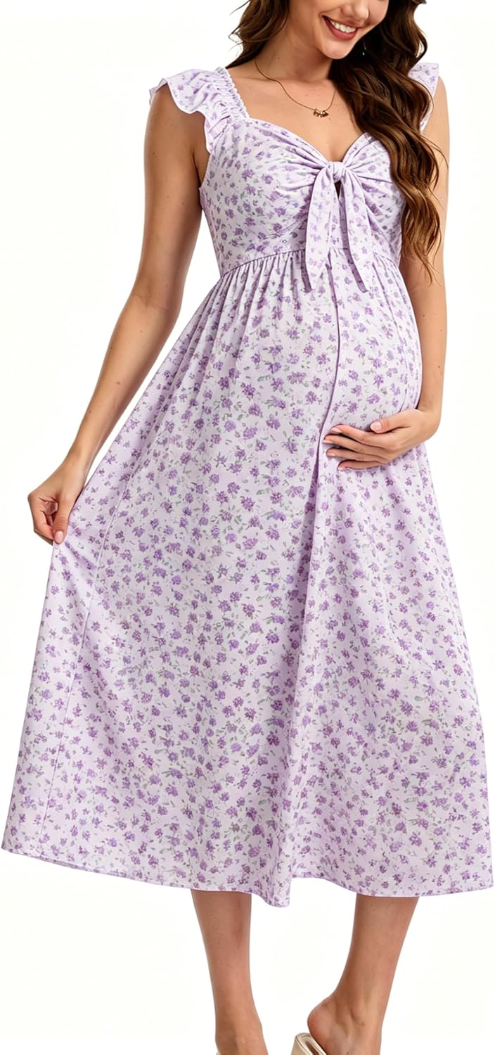 Summer Maternity Midi Dress for Baby Shower Bow Tie Neckline Ruffle Sleeves Pregnancy Dress for Photoshoot