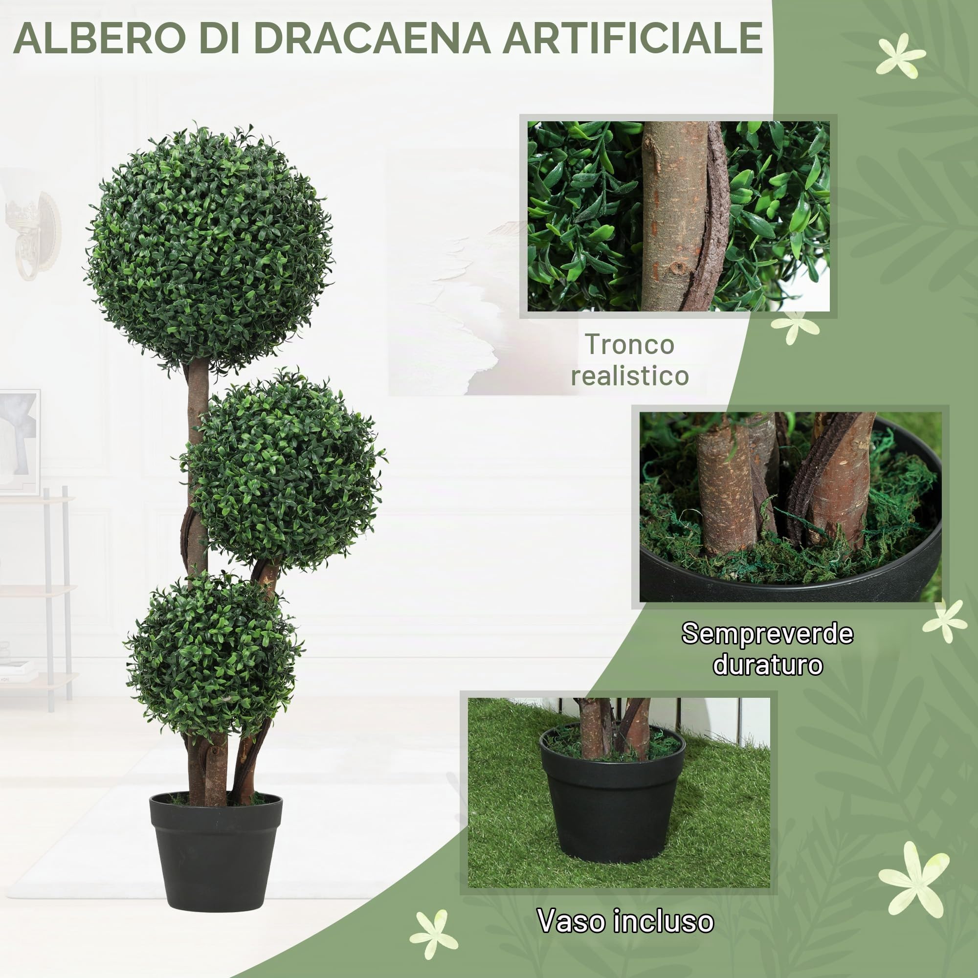 HOMCOM Palla di bosso artificiale 100cm tripla protezione UV | Pianta artificiale in plastica, tronco di legno in vaso, realistico, per soggiorno/camera da letto/ufficio/giardino