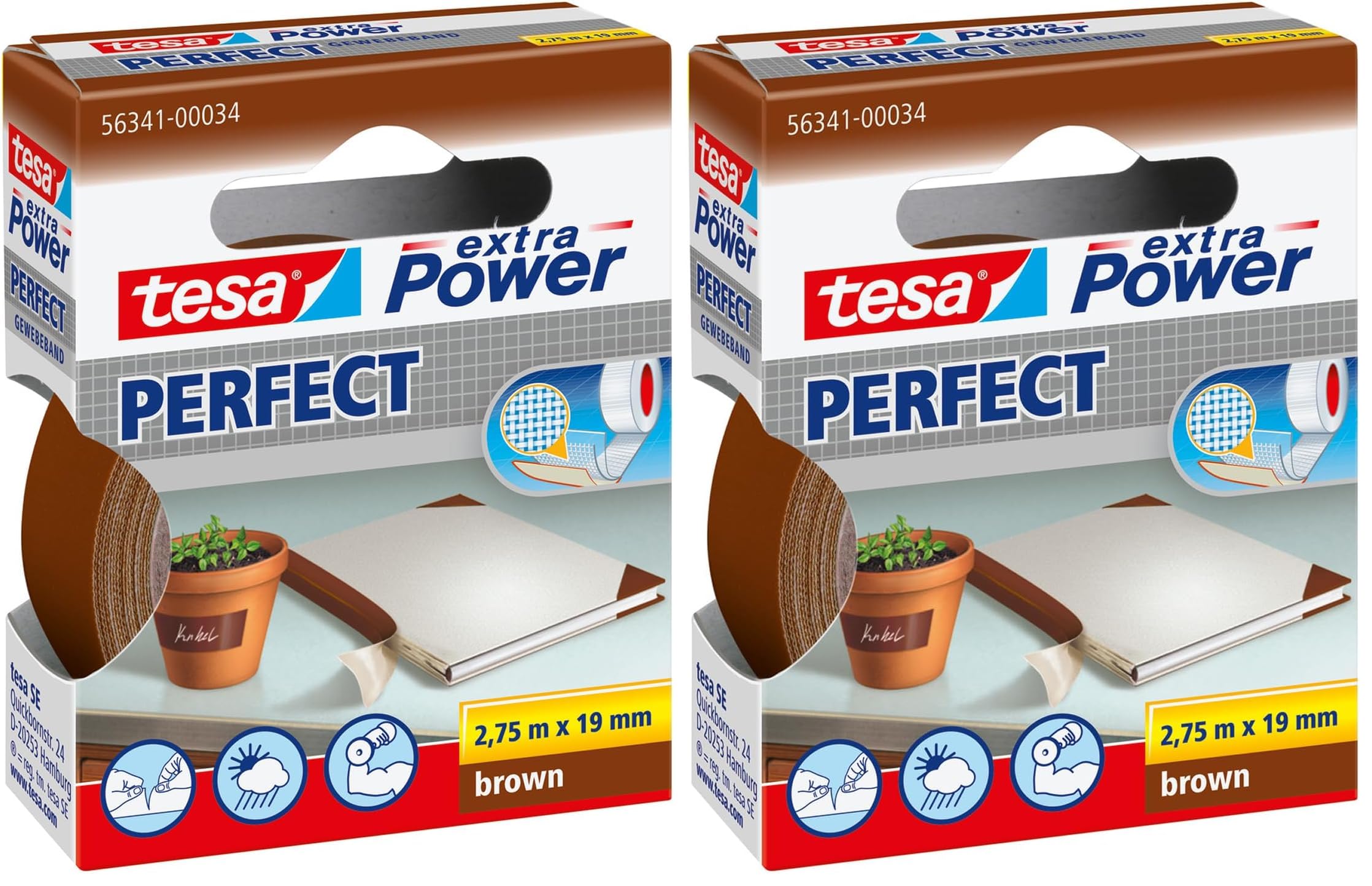tesa extra Power Perfect Gewebeband - Gewebeverstärktes Ductape zum Basteln, Reparieren, Befestigen, Verstärken und Beschriften - Braun - 2,75 m x 19 mm (Packung mit 2)
