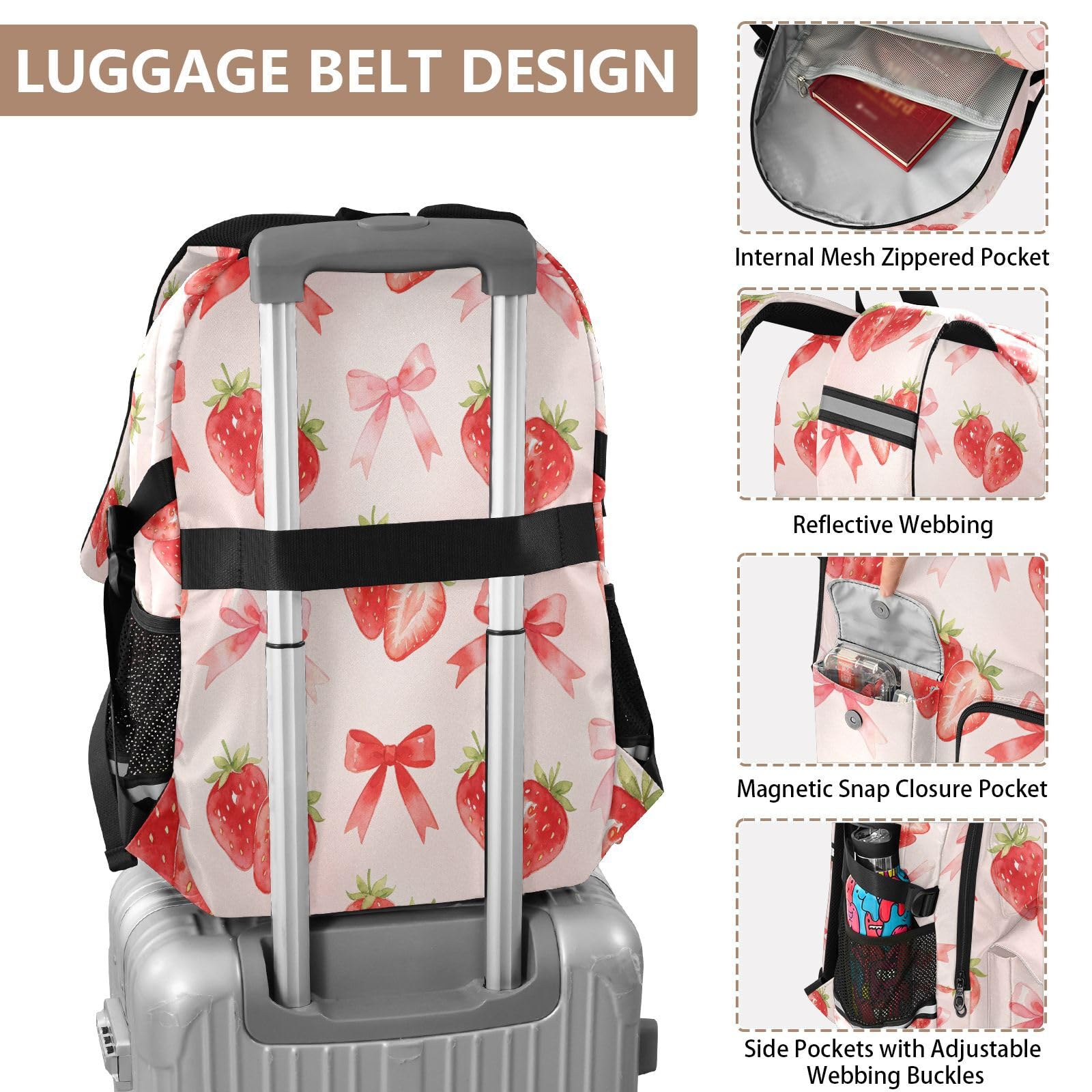 Trawberry Rucksack mit Schleifenmuster und mehreren Taschen für Schule, Reisen, Outdoor, Uni, 17,5 Zoll Laptop-Rucksack für Damen und Herren
