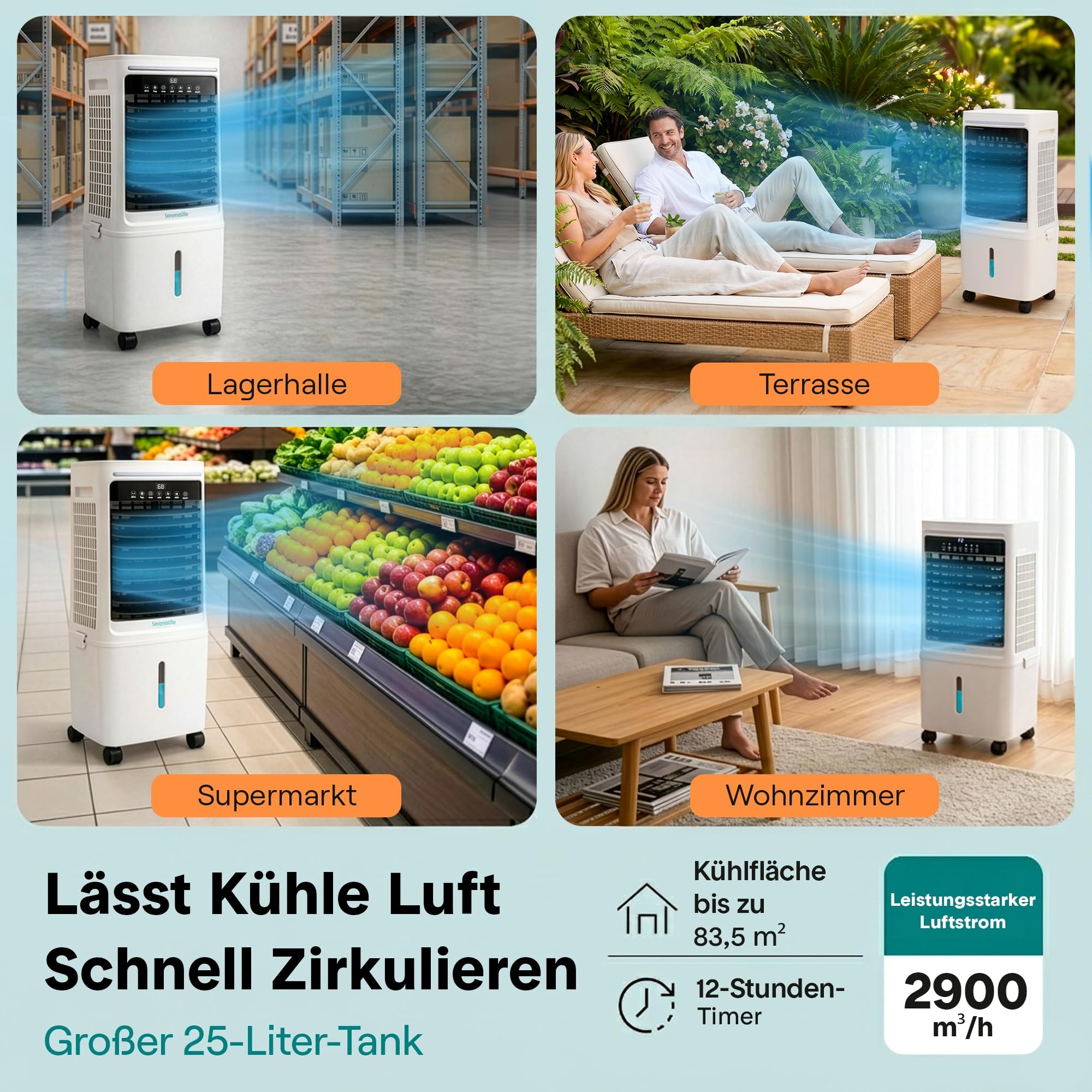 SereneLife Klimaanlage ohne Abluftschlauch, 25L Verdunstungsluftkühler für Große Räume, 1700 CFM, Kühlakku-Funktion, Timer Abnehmbarer Wassertank 80W, 60/120°Oszillation, Leise mit Rollen
